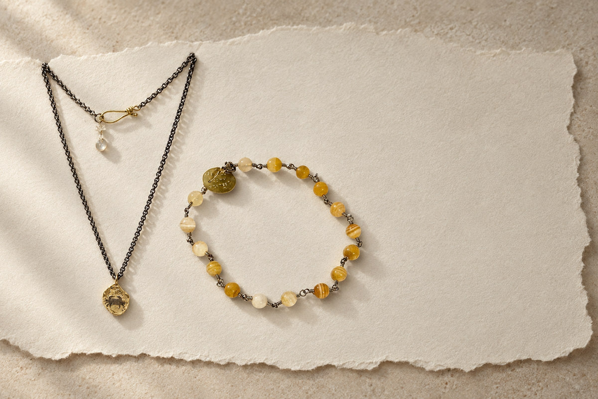 Lesunja Yellow Gemstones - Zodiac Cancer Silver Necklace Yellow Gold Nugget Moonstone, handgefertigt in der Schweiz