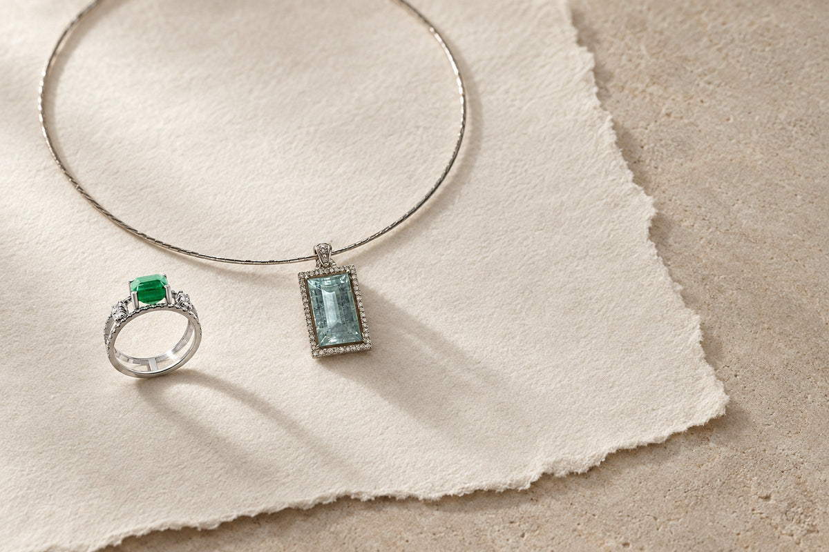 Lesunja Platinum 950 - Ring Platinum Emerald Diamond, handgefertigt in der Schweiz