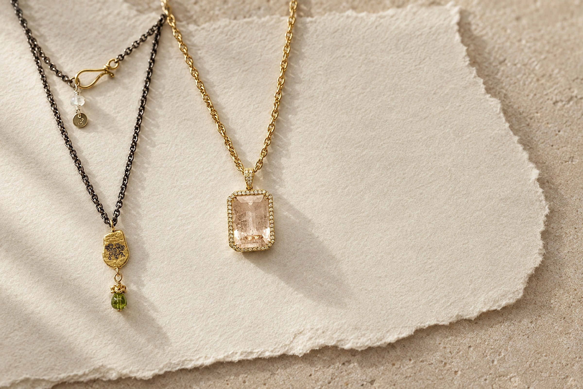 Lesunja Pendant Jewellery - Zodiac Gemini Silver Pendant Yellow Gold Nugget Tourmaline Moonstone, handgefertigt in der Schweiz