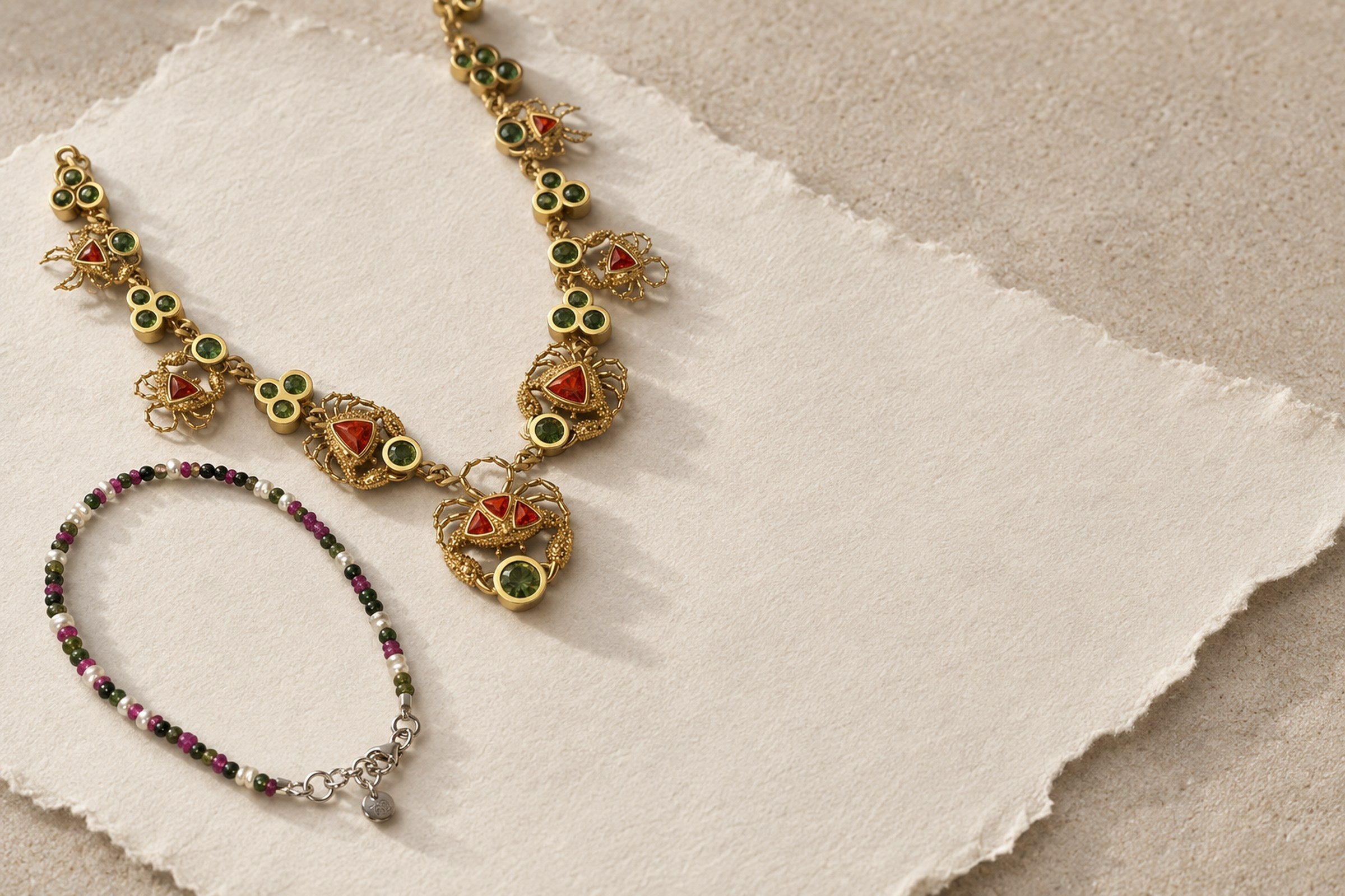 Lesunja Multicolour Gemstones - Bracelet White Gold Ruby, Pearls & Jade Beads, handgefertigt in der Schweiz
