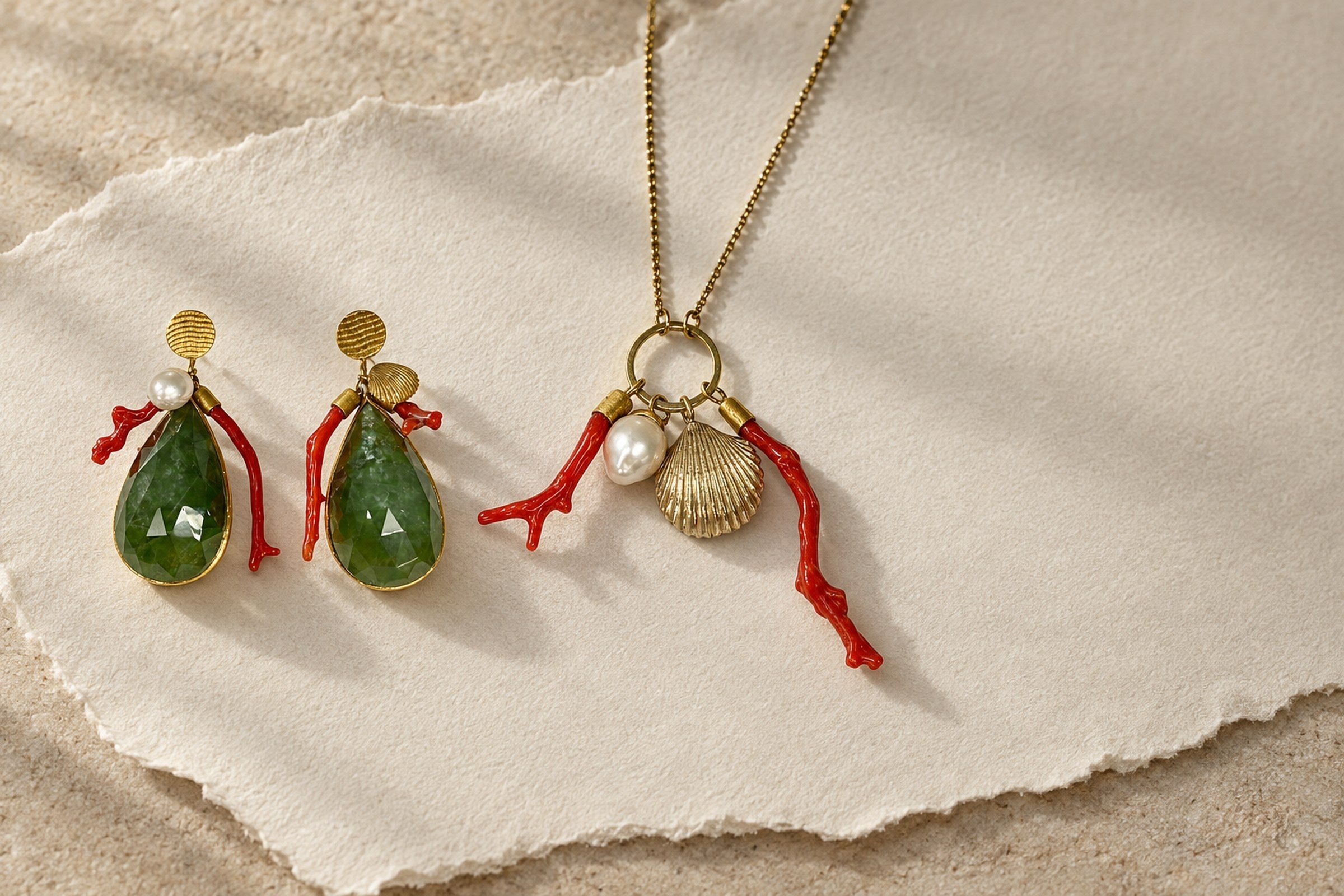 Lesunja Bohemian Jewellery - Ocean XXY Boho La Vie Ear Studs Yellow Gold Aquamarine Corals Pearl, handgefertigt in der Schweiz
