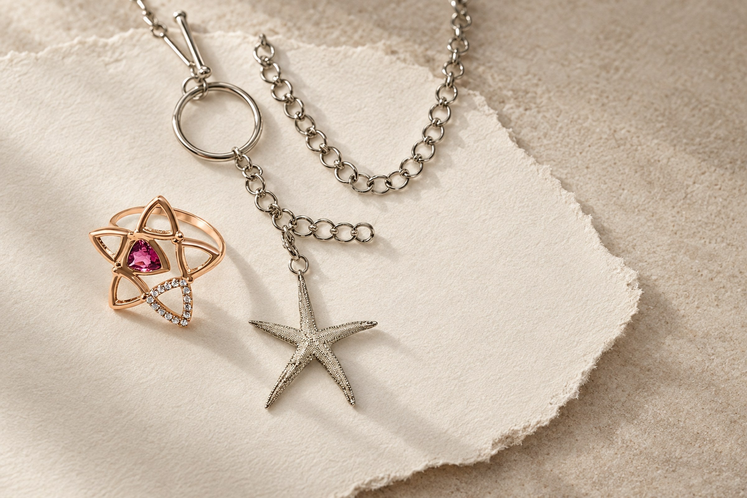 Lesunja Must Haves Style - Ocean Sea Star Ring Rose Gold Pink Tourmaline & Diamonds, handgefertigt in der Schweiz