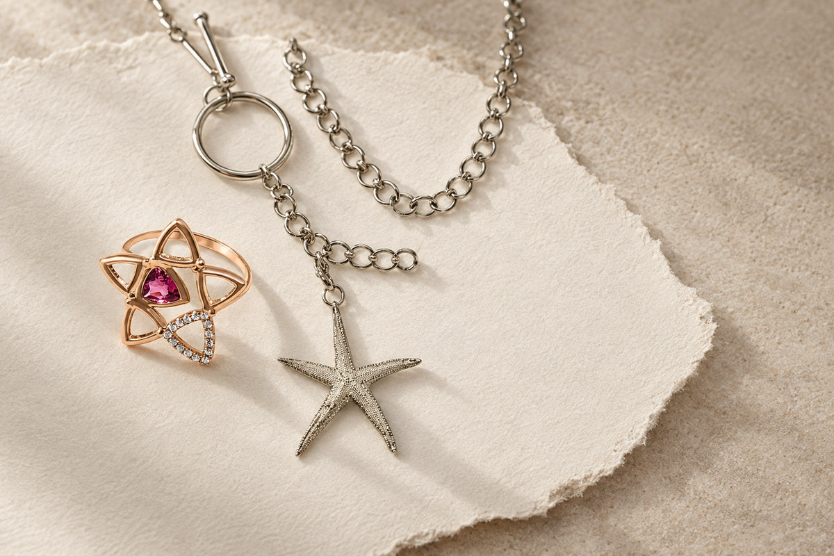 Lesunja Must Haves Style - Ocean Sea Star Ring Rose Gold Pink Tourmaline & Diamonds, handgefertigt in der Schweiz