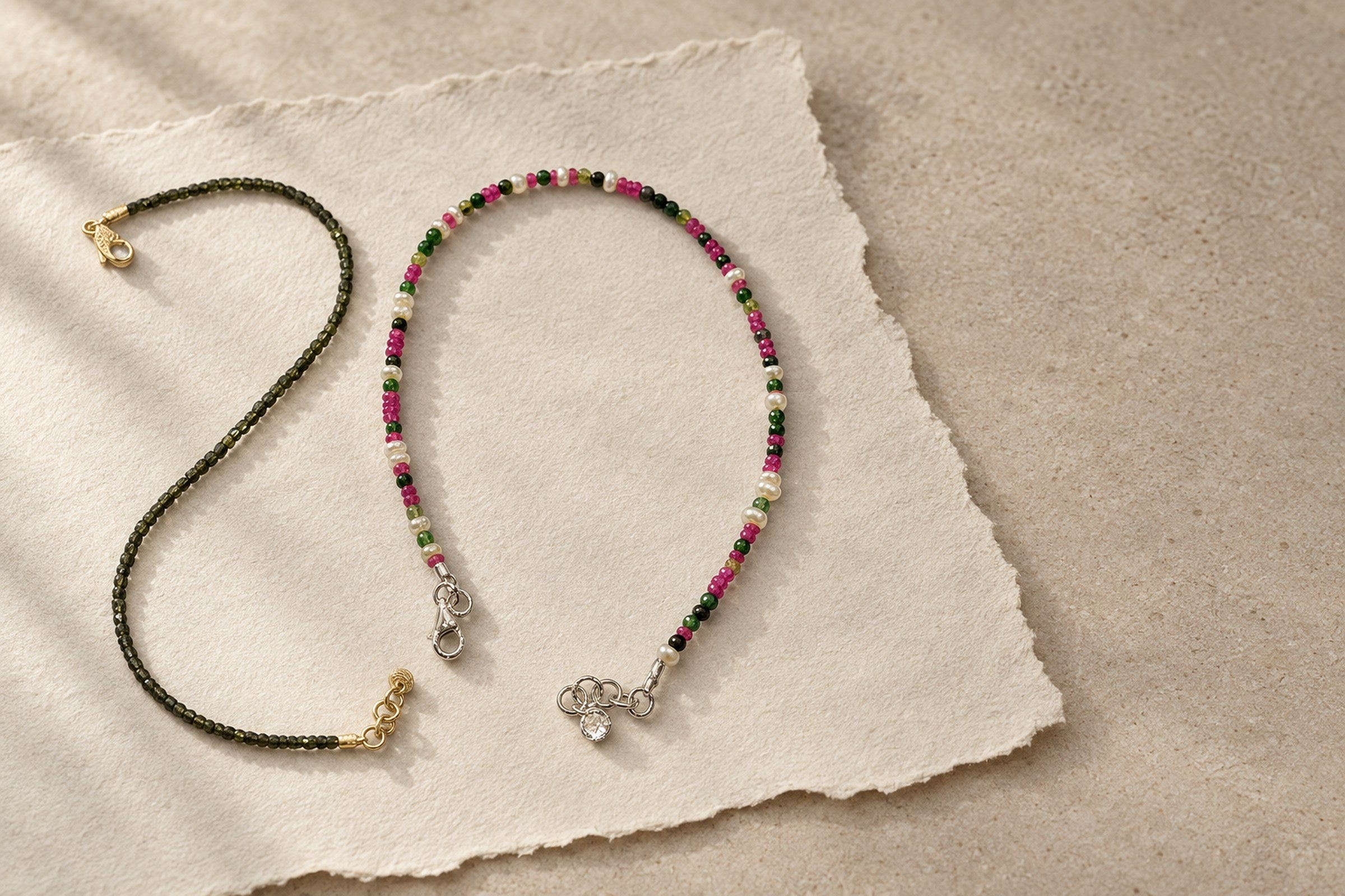 Lesunja Diamond Beads Necklaces and Bracelets - Minute Of The Forest Olive Green Diamond Bracelet, handgefertigt in der Schweiz