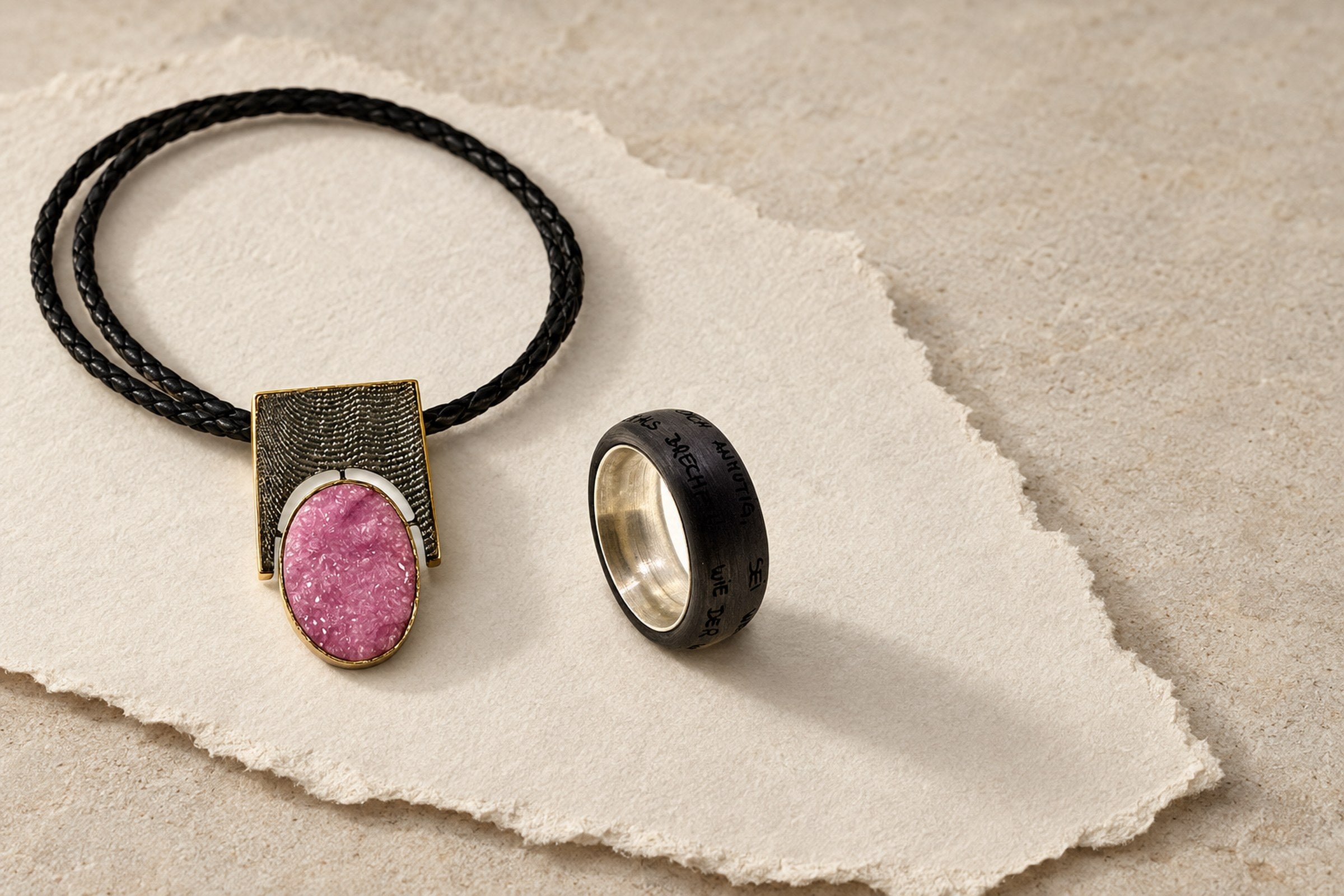 Lesunja Sporty Style - Necklace Silver Sepia Structure blackened & Yellow Gold Setting Pink Calcite, handgefertigt in der Schweiz
