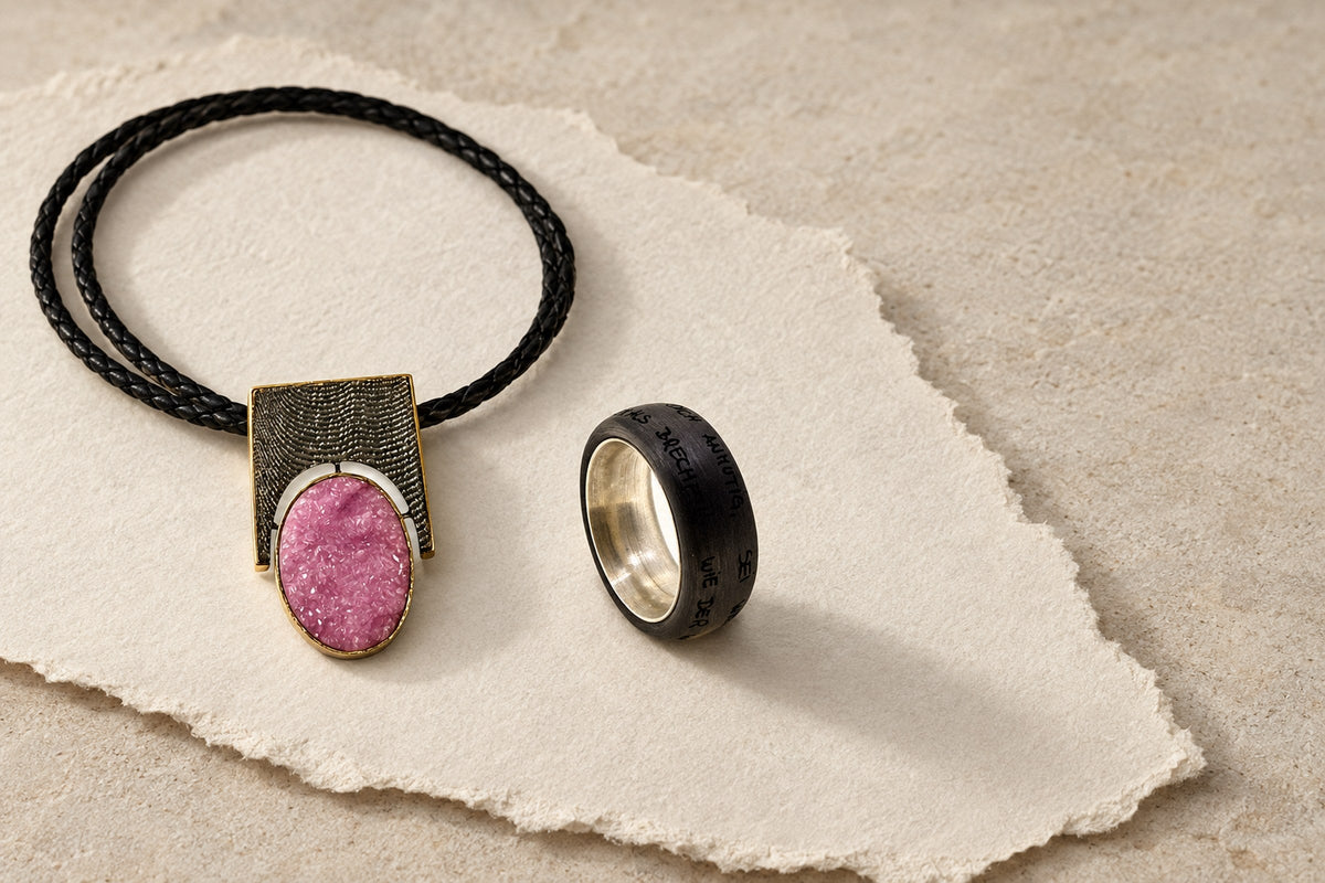 Lesunja Sporty Style - Necklace Silver Sepia Structure blackened & Yellow Gold Setting Pink Calcite, handgefertigt in der Schweiz