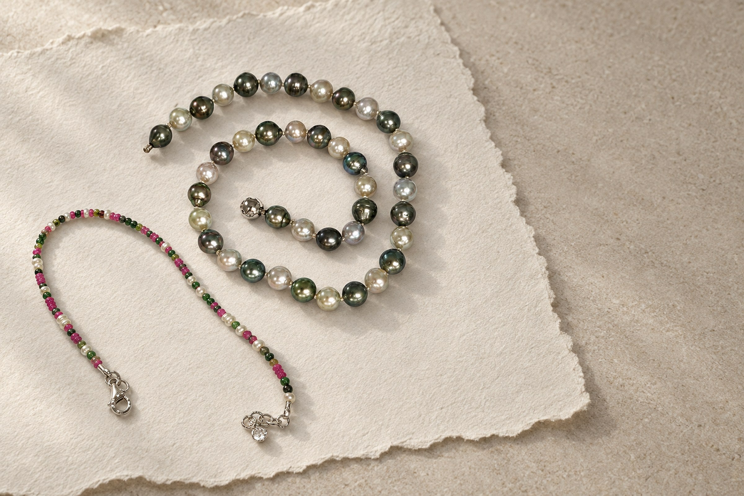 Lesunja Maritime Soul - Bracelet White Gold Pearl, Ruby & Jade Beads, handgefertigt in der Schweiz