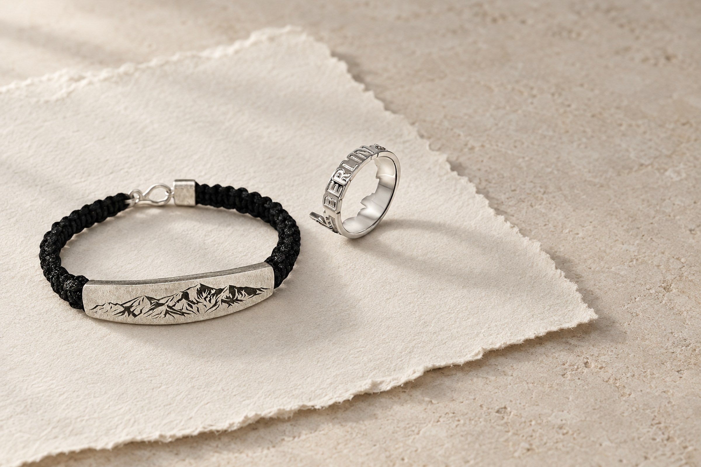 Lesunja Jewellery Gifts for Men - Bracelet Silver Mountains from St. Moritz & Black Strings, handgefertigt in der Schweiz