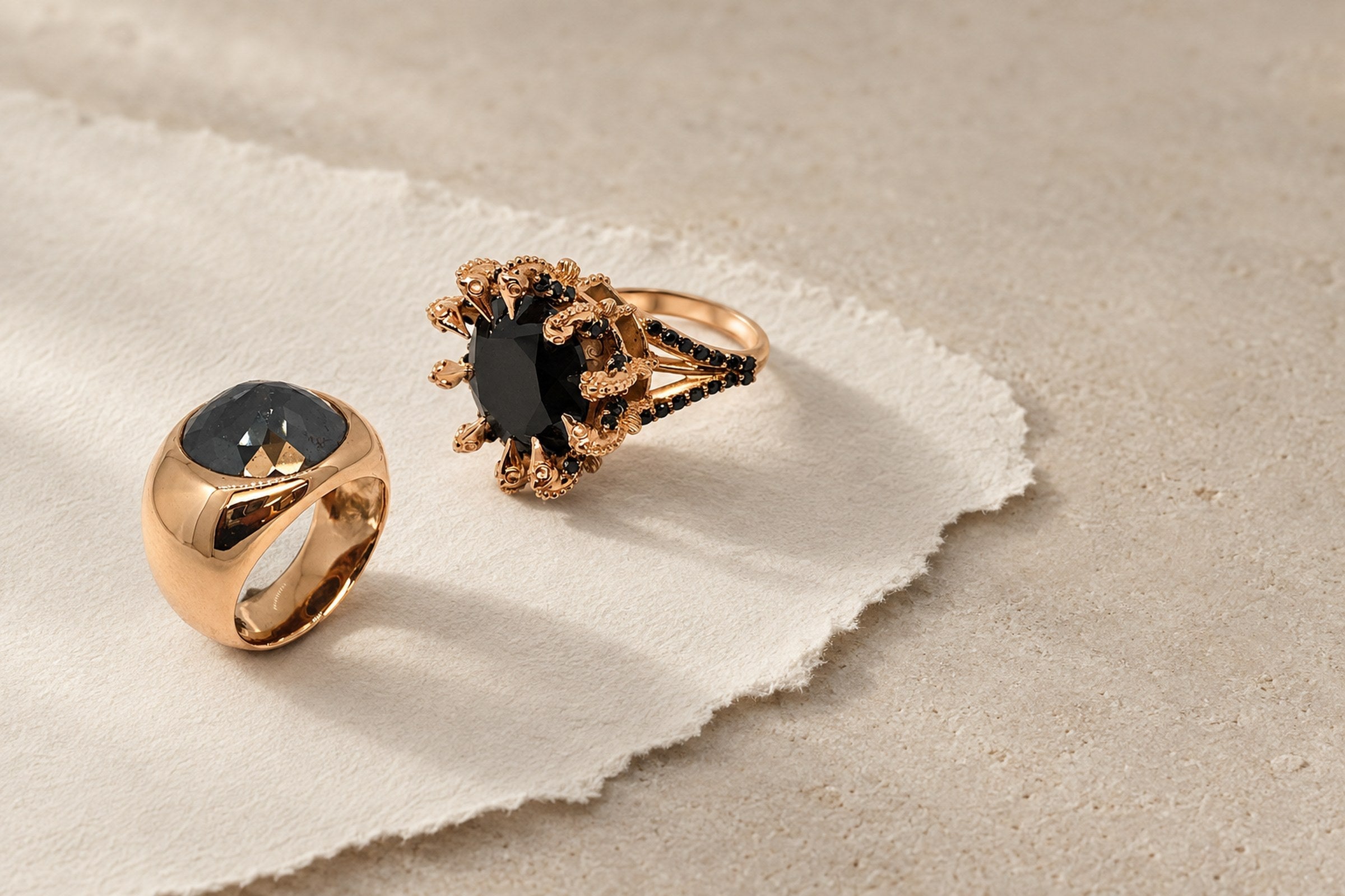 Lesunja Black Diamond Jewellery - Rose Gold and Black Diamond Rose Signet Ring, handgefertigt in der Schweiz
