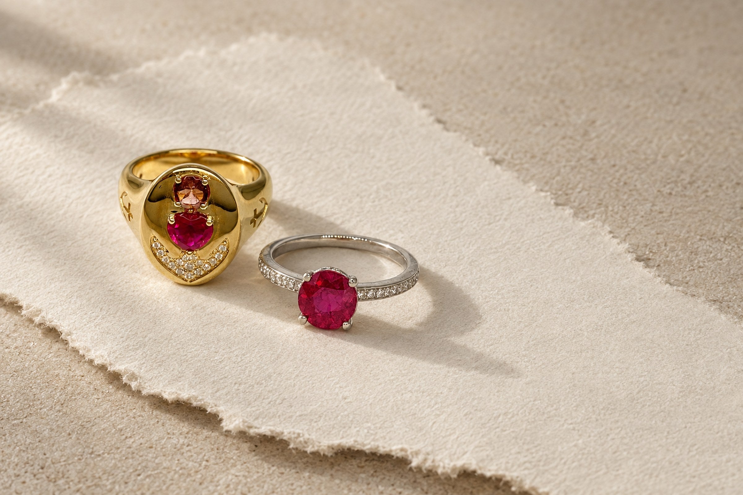 Lesunja Red/Pink Gemstones - Signet Ring Yellow Gold 9K Ruby Tourmaline Diamonds, handgefertigt in der Schweiz