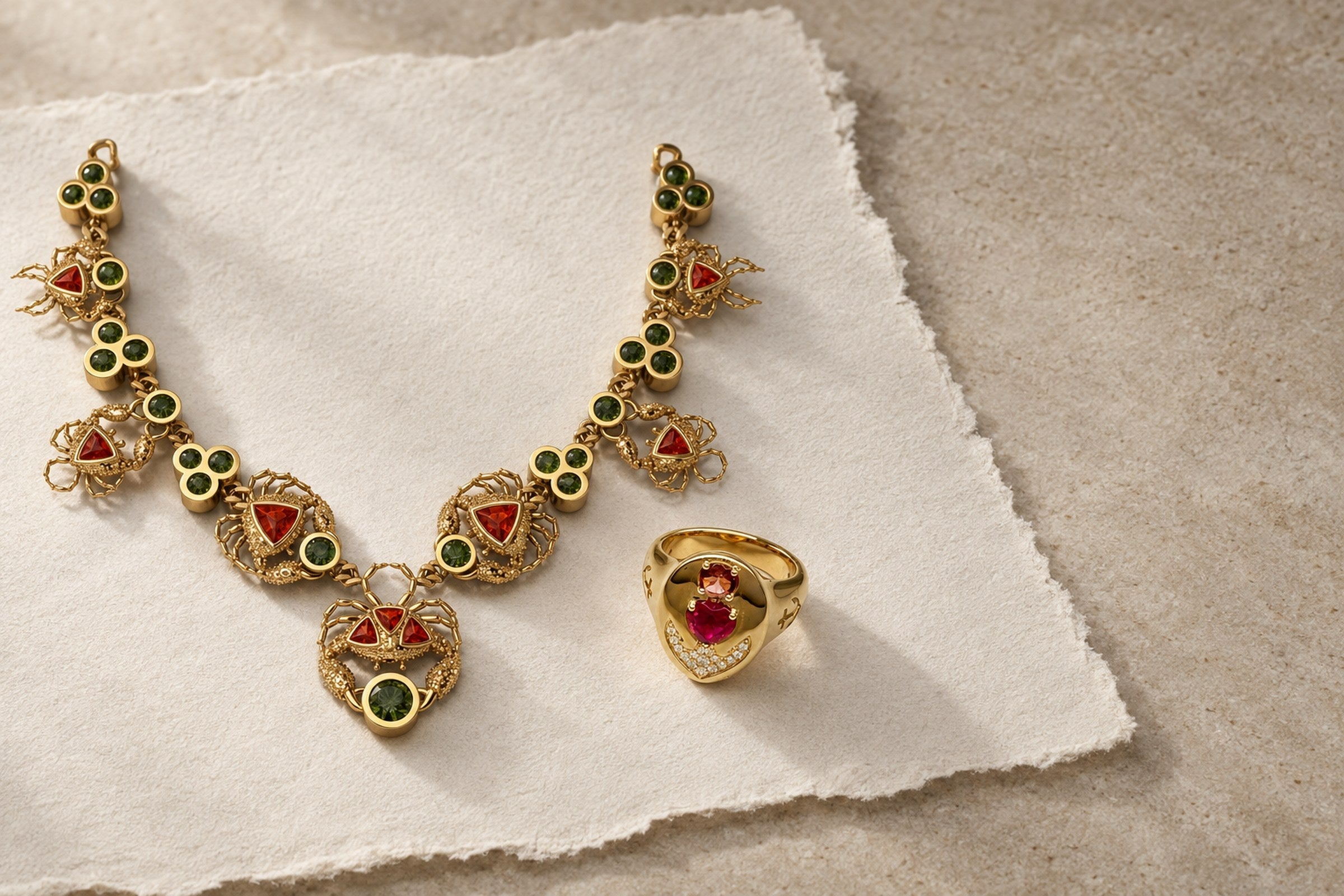 Lesunja All Gemstones - Ocean XXY Crabs Necklace Yellow Gold Fire Opal, Tourmaline, handgefertigt in der Schweiz