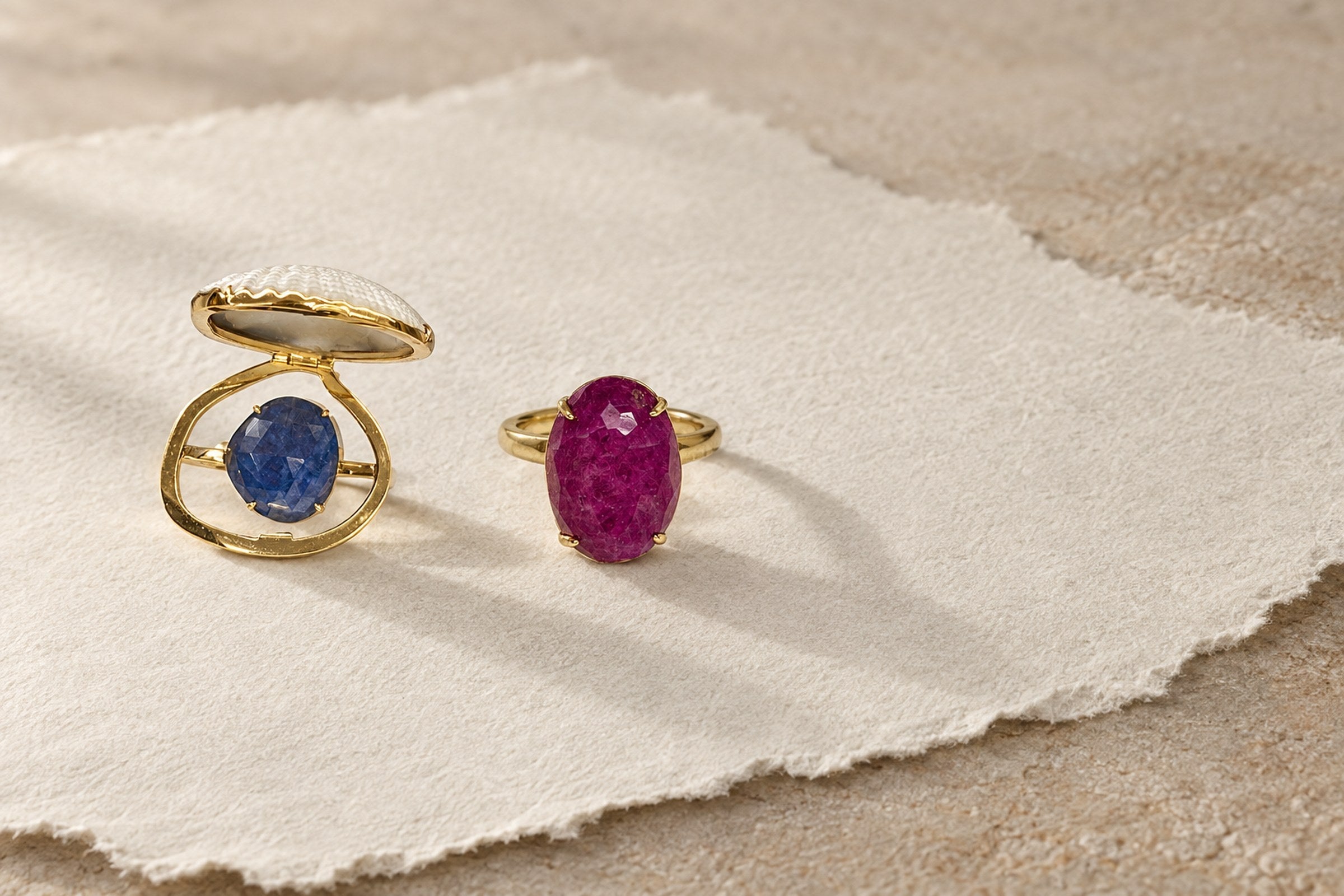 Lesunja Rings - Ocean XXY Boho Cocktail Ring Yellow Gold Blue Sapphire Shell, handgefertigt in der Schweiz