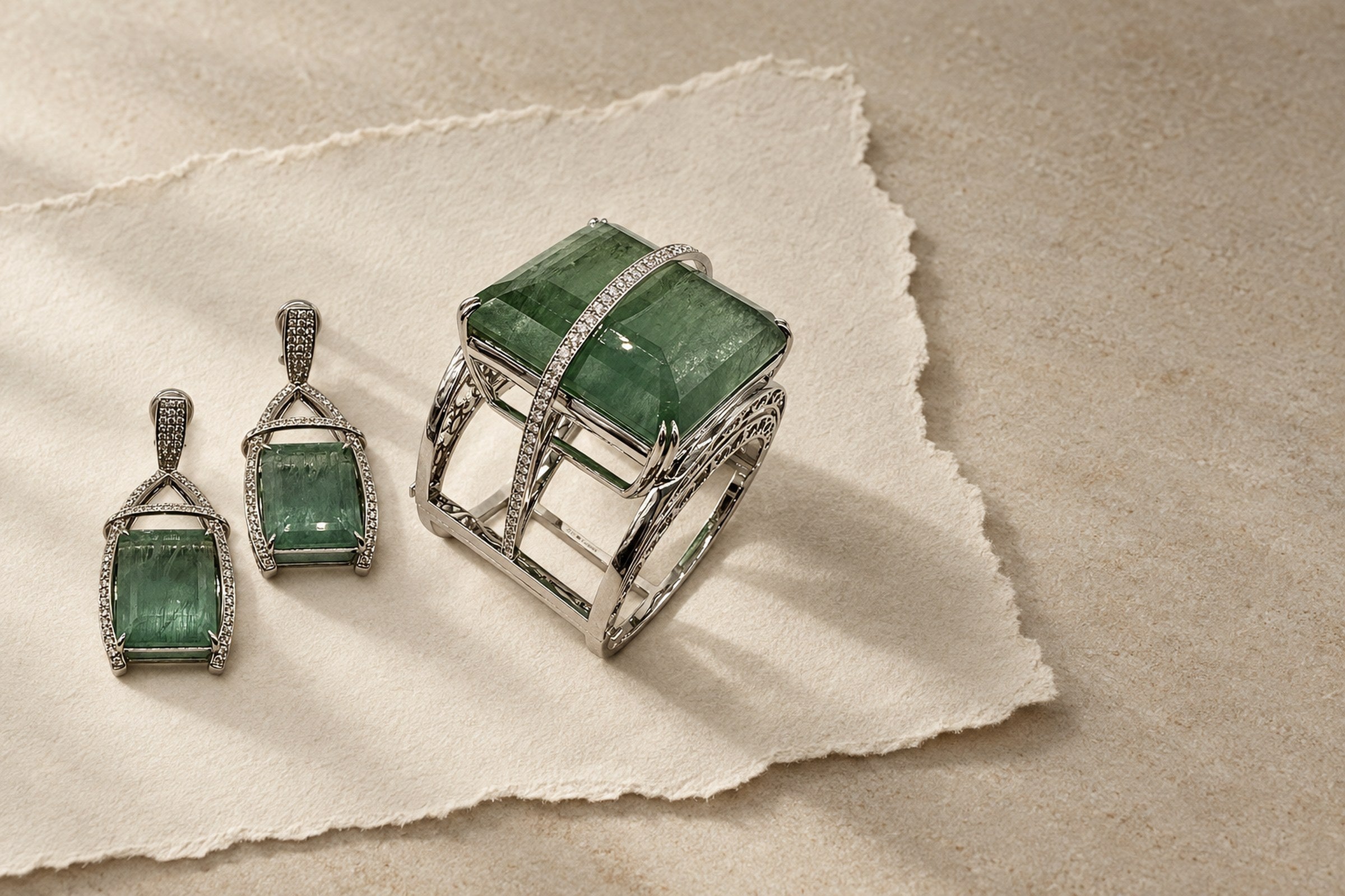 Lesunja Kulm Jewellery Collection - Magnifique Earrings in White Gold Green Aquamarine Diamonds, handgefertigt in der Schweiz