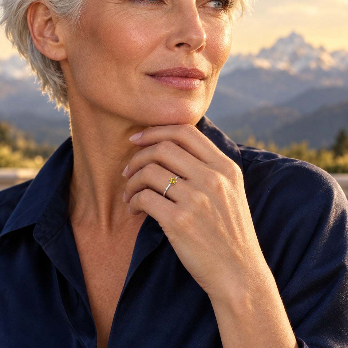 Model wearing the Lesunja King of the Rough White Diamond Gold Ring by Lesunja Fine Jewellery – AI-generated visualisation