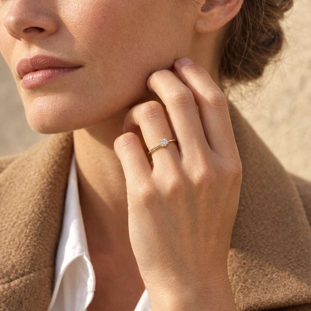 Model wearing the Lesunja Yellow Gold Solitaire Ring by Lesunja Fine Jewellery – AI-generated visualisation
