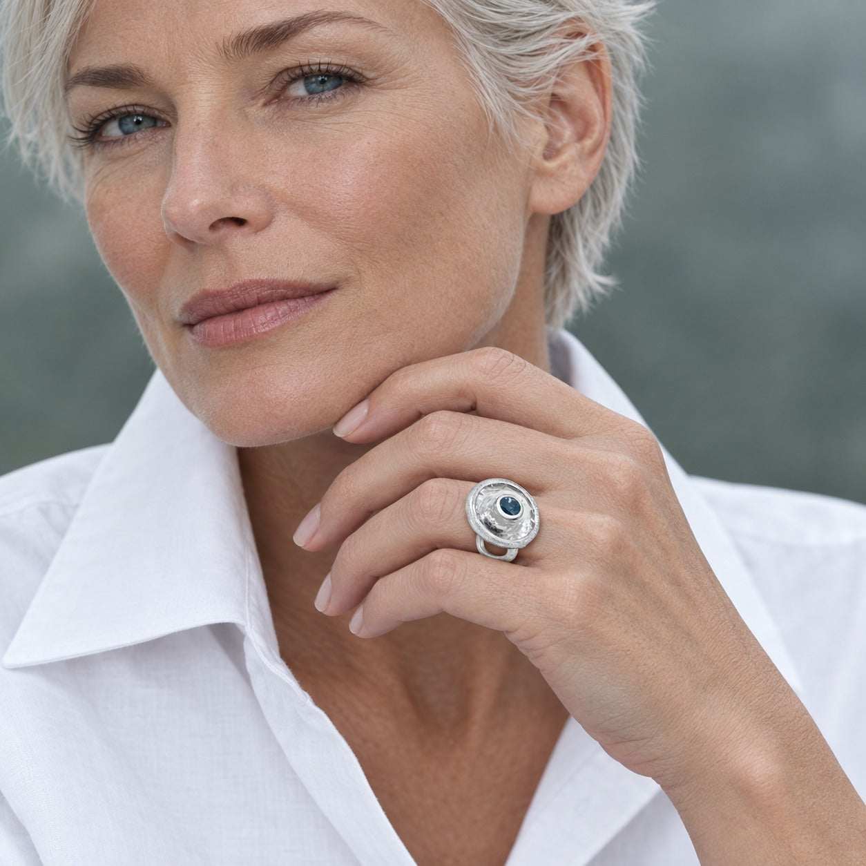 Model wearing the Lesunja Contemporary Mojo Diamond Quartz White Gold Wedding Rings for Women by Lesunja Fine Jewellery – AI-generated visualisation