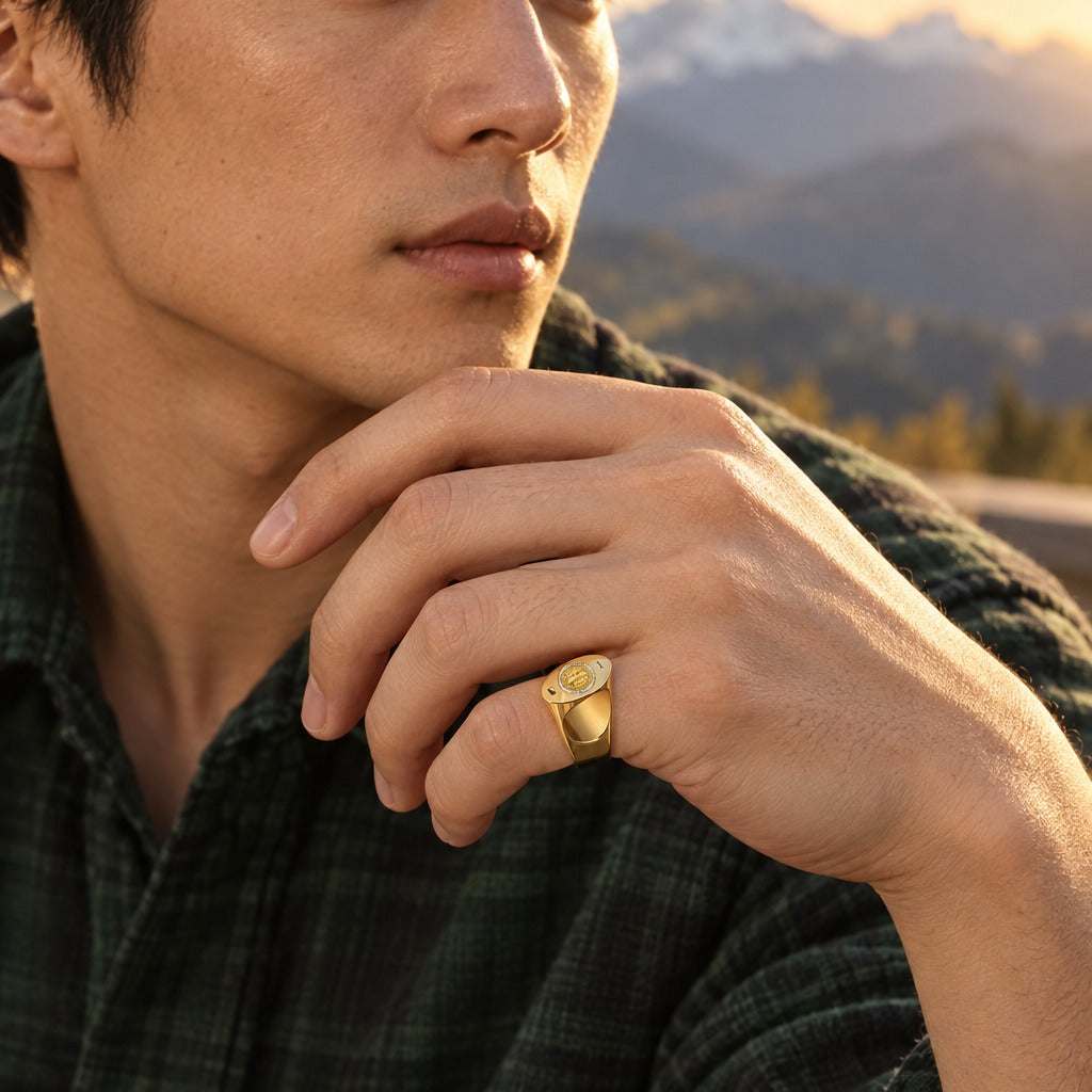Model wearing the Lesunja Chreis Chreib Silver And Yellow Gold Ring by Lesunja Fine Jewellery – AI-generated visualisation