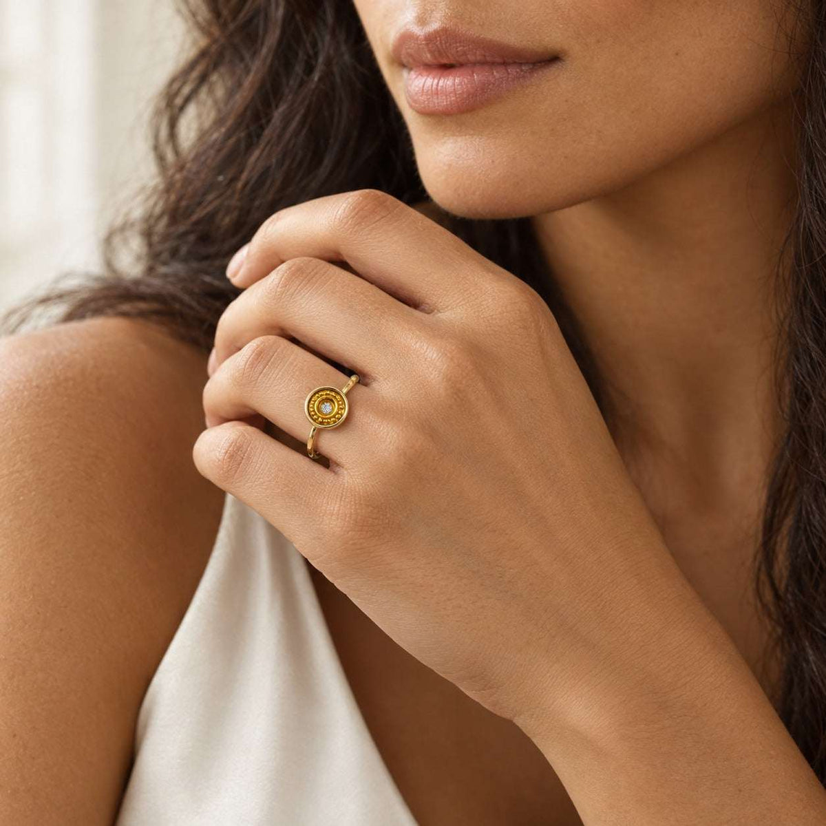 Model wearing the Lesunja Ring Silver 925 & Yellow Gold 916 22K Diamond by Lesunja Fine Jewellery – AI-generated visualisation