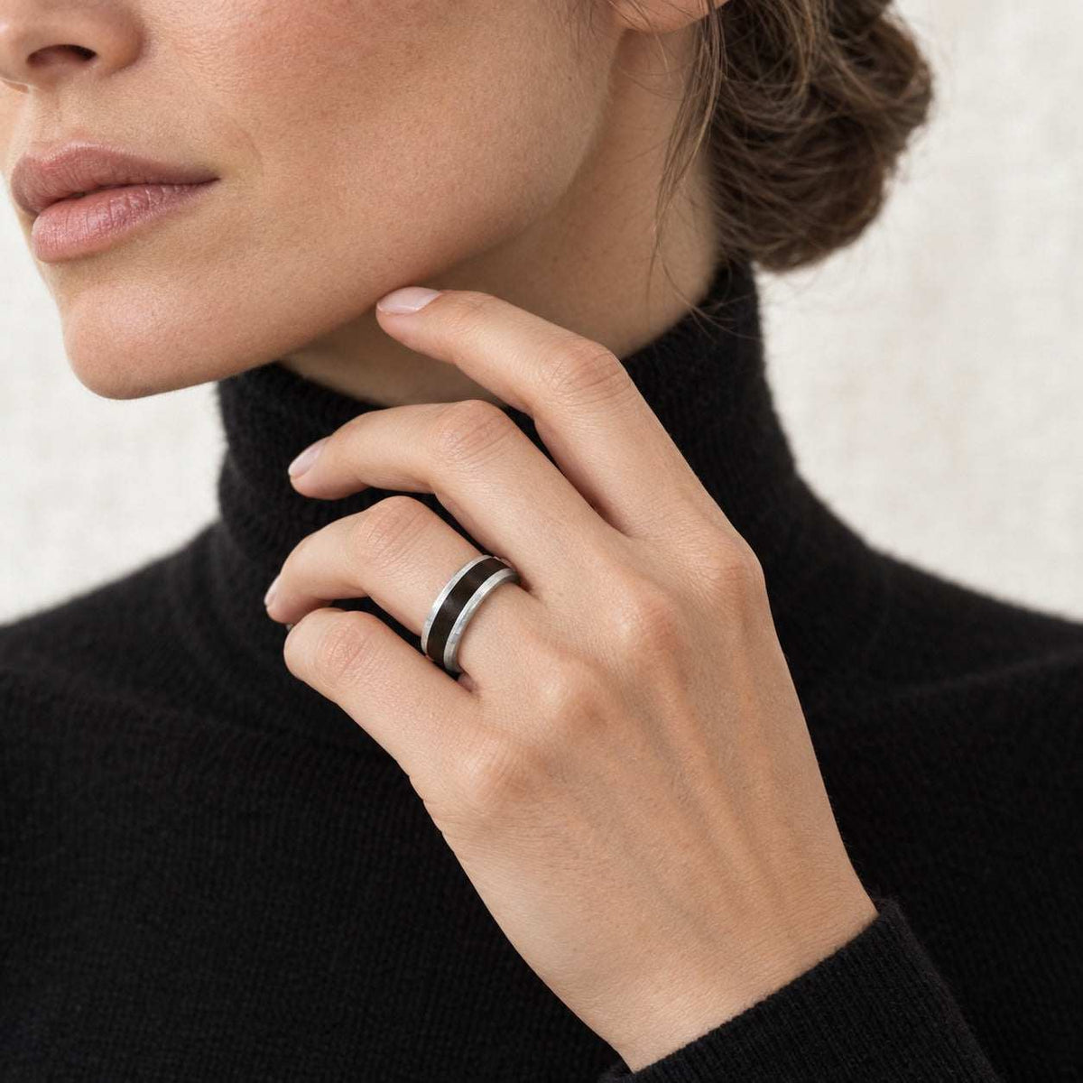 Model wearing the Lesunja Union Of Nature Silver Ring by Lesunja Fine Jewellery – AI-generated visualisation