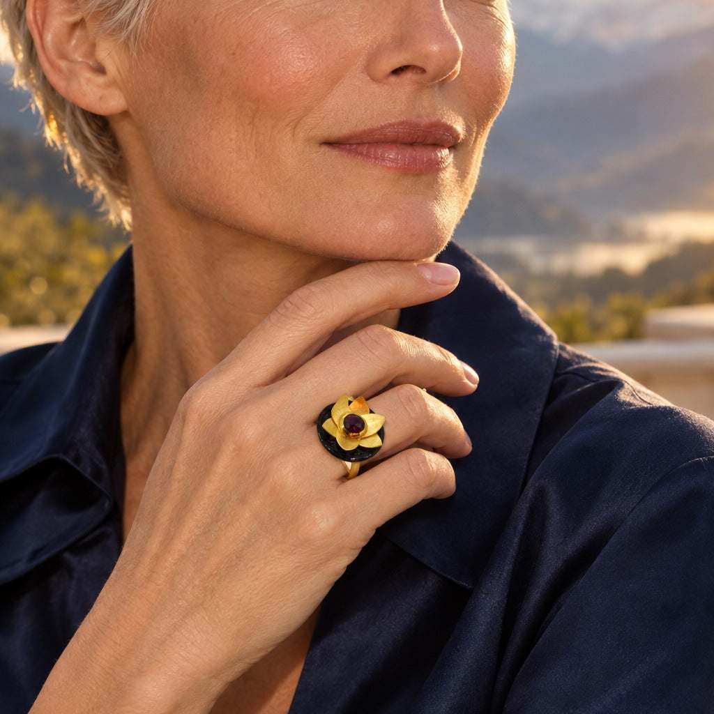 Model wearing the Lotus: Iris by Lesunja Fine Jewellery – AI-generated visualisation