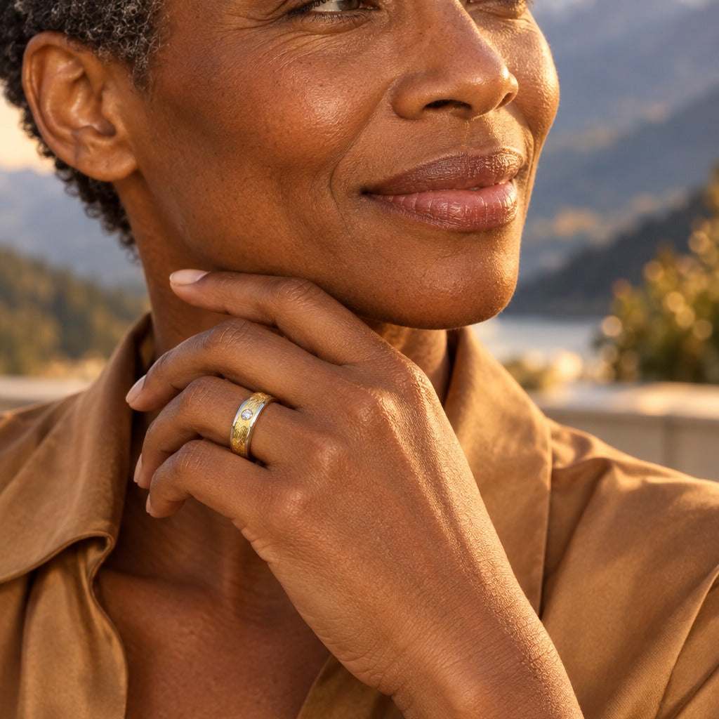 Model wearing the Lesunja Sepia Hidden Diamond Ring by Lesunja Fine Jewellery – AI-generated visualisation