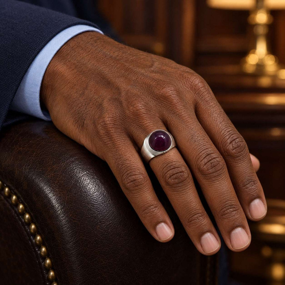 Model wearing the Lesunja Palladium Ring with Ruby by Lesunja Fine Jewellery – AI-generated visualisation