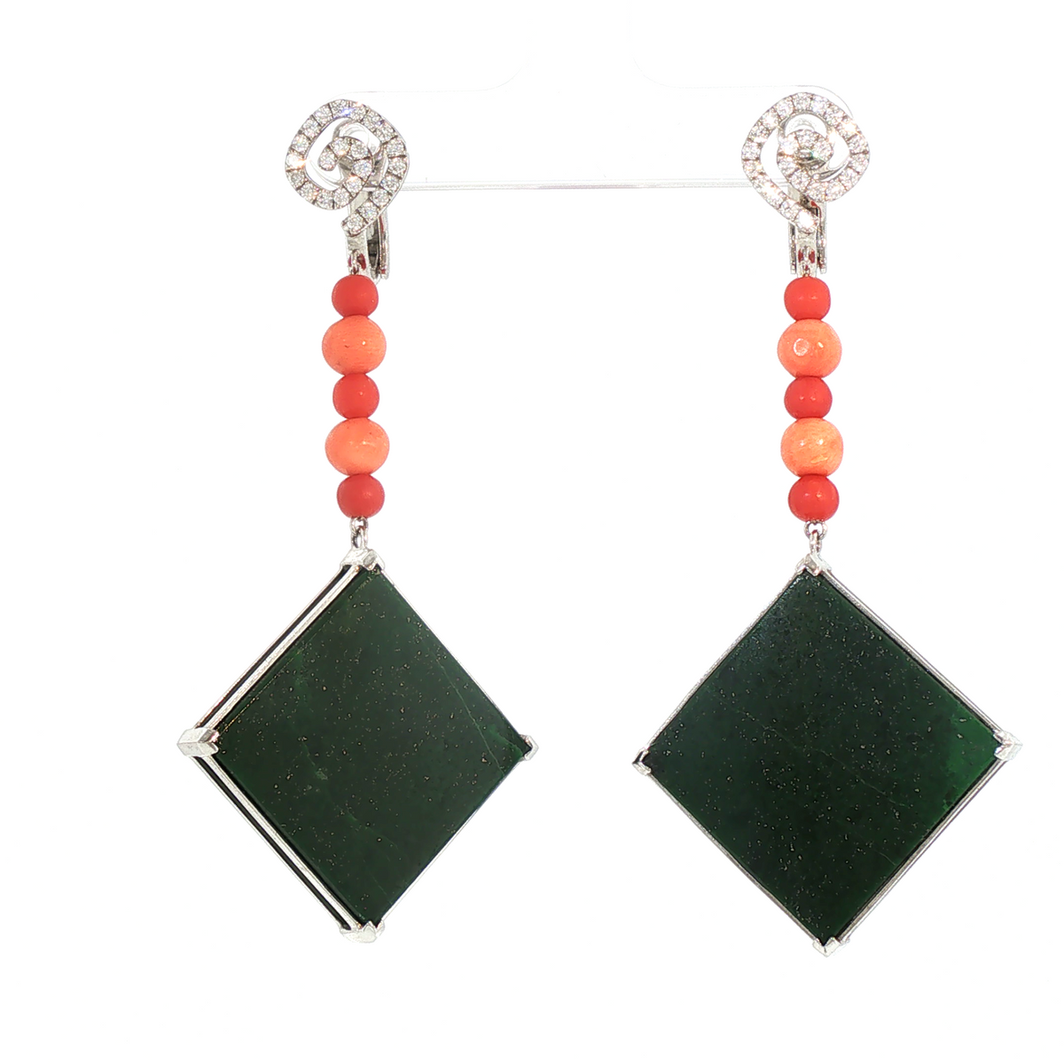 Lesunja Platinum Jade Coral Green Dangle Diamond Earrings