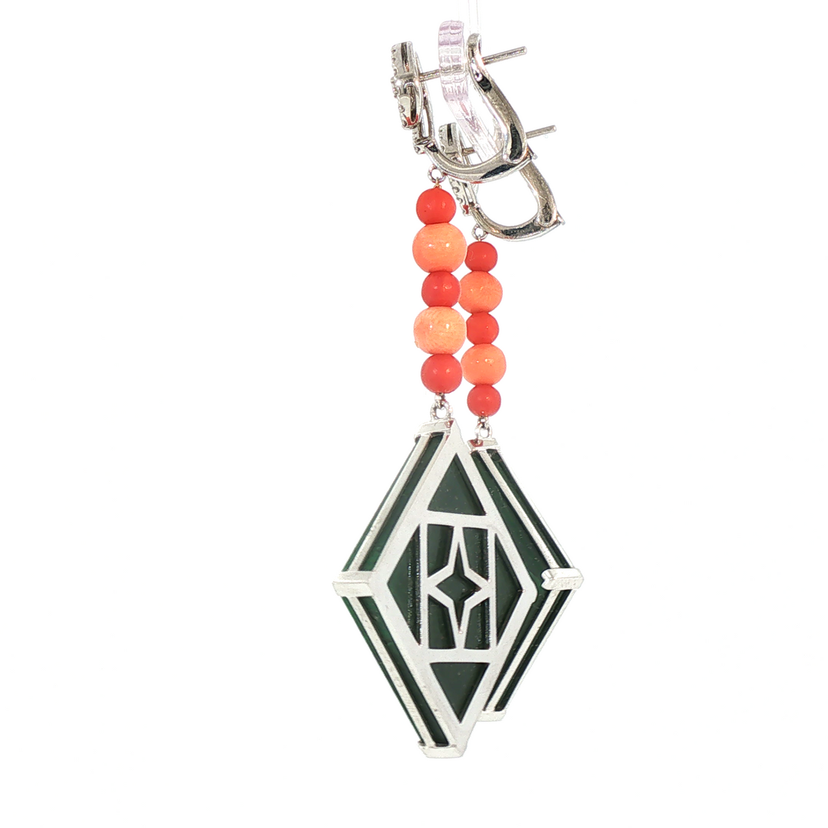 Lesunja Platinum Jade Coral Green Dangle Diamond Earrings