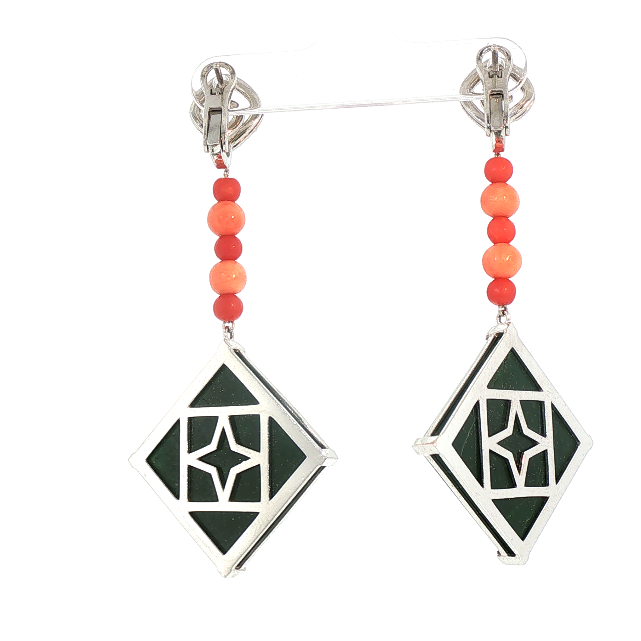 Lesunja Platinum Jade Coral Green Dangle Diamond Earrings