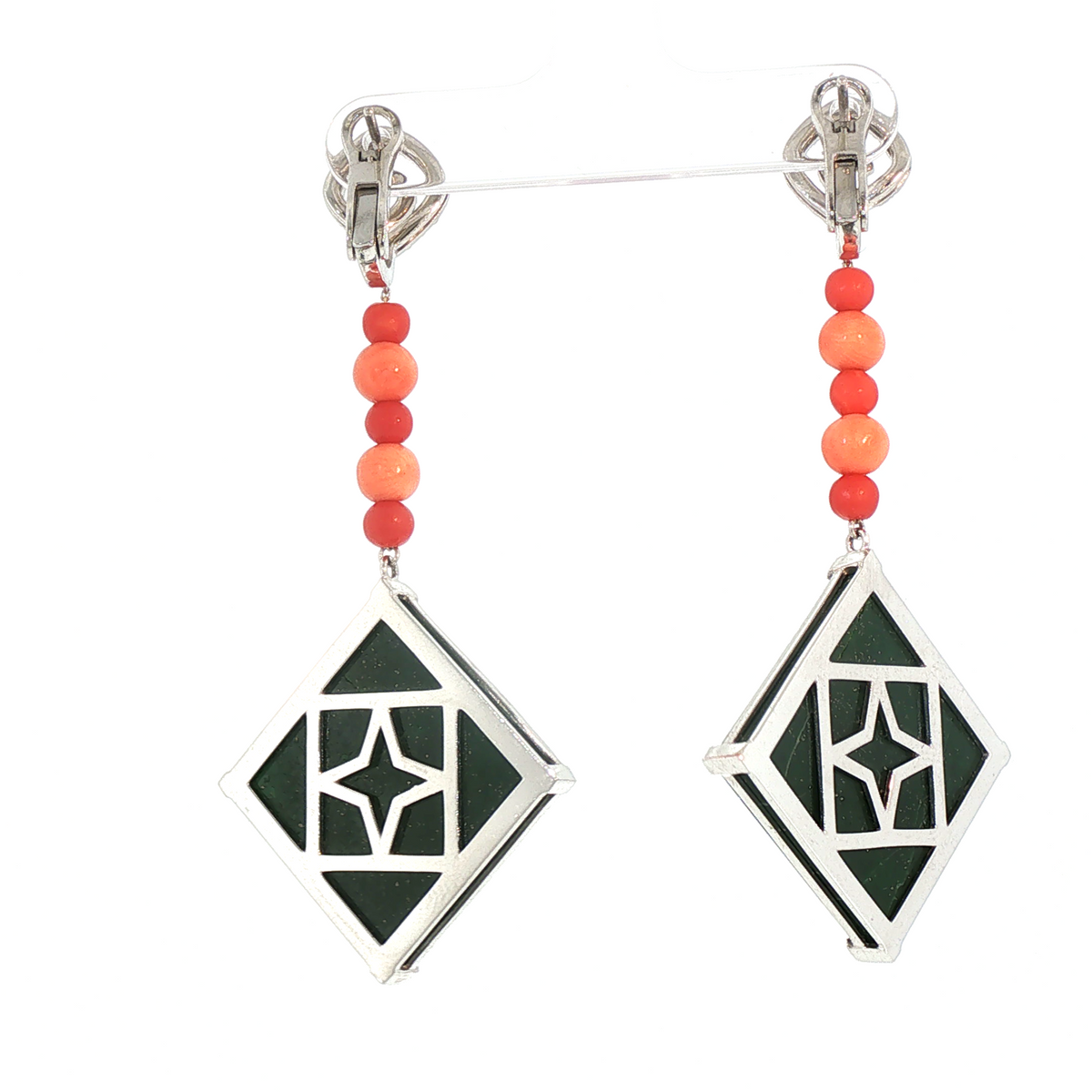 Lesunja Platinum Jade Coral Green Dangle Diamond Earrings