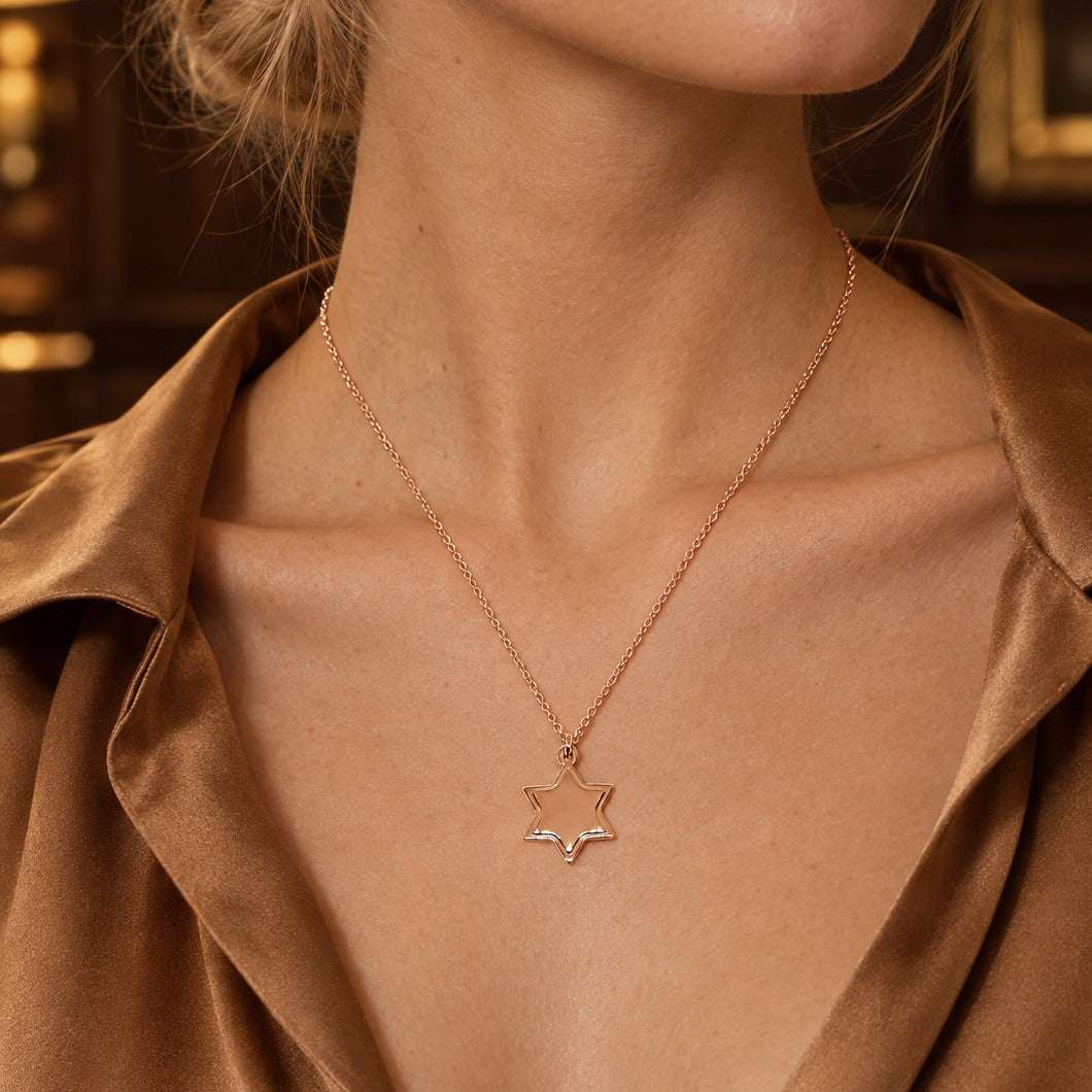 Model wearing the Lesunja Little Star Rose Gold Plated Necklace by Lesunja Fine Jewellery – AI-generated visualisation