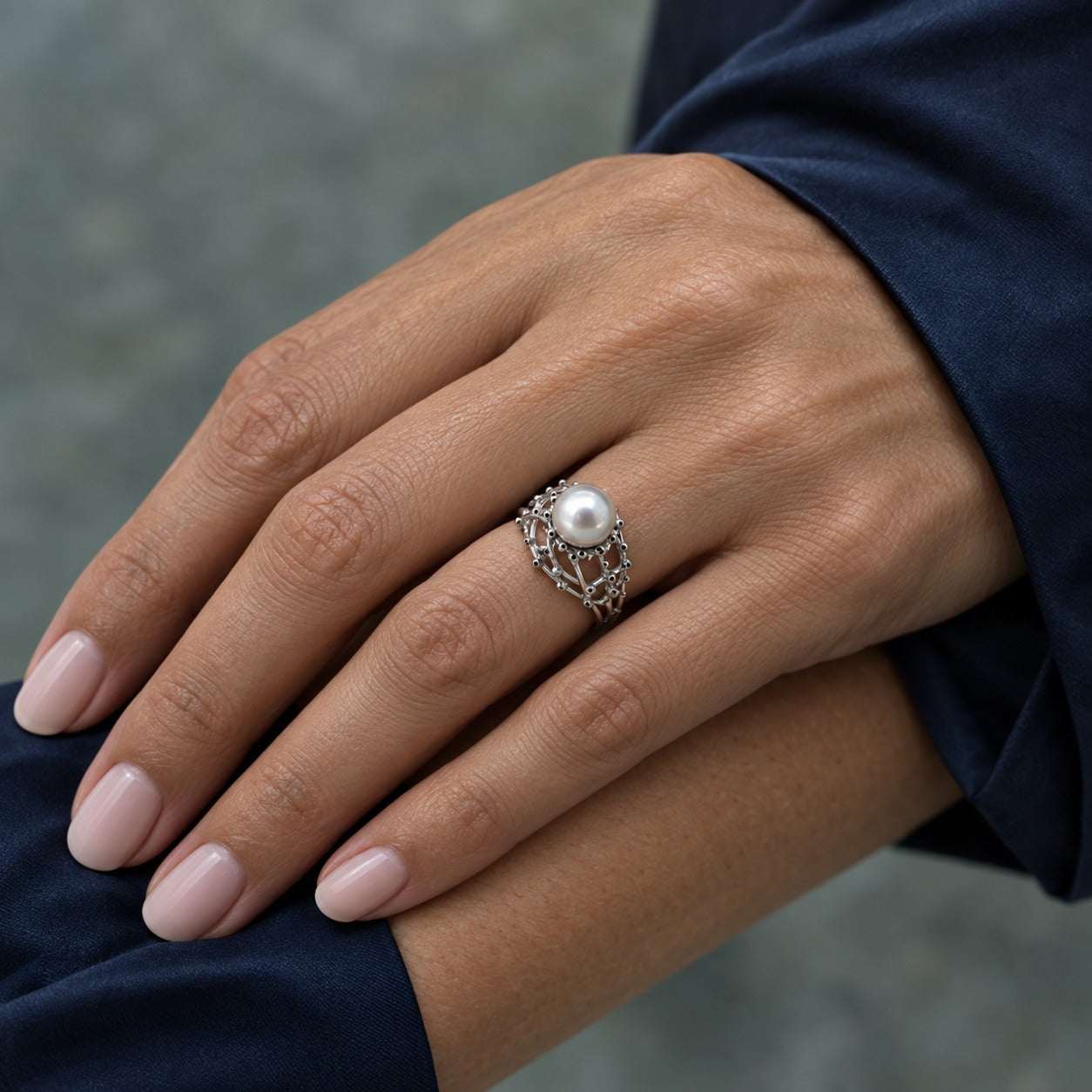 Model wearing the Lesunja Ring White Gold Tahitian Pearl by Lesunja Fine Jewellery – AI-generated visualisation