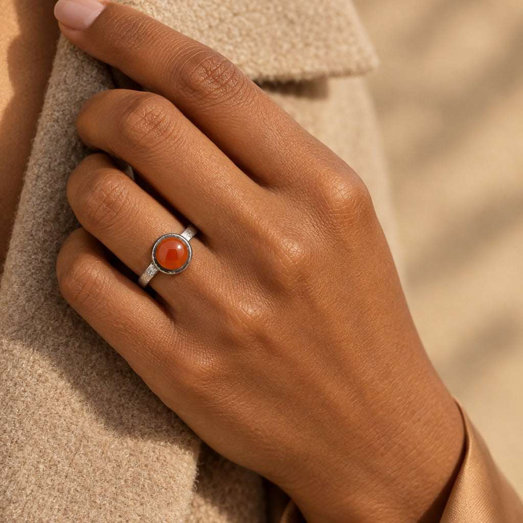 Model wearing the Lesunja Silver Carnelian Ring by Lesunja Fine Jewellery – AI-generated visualisation