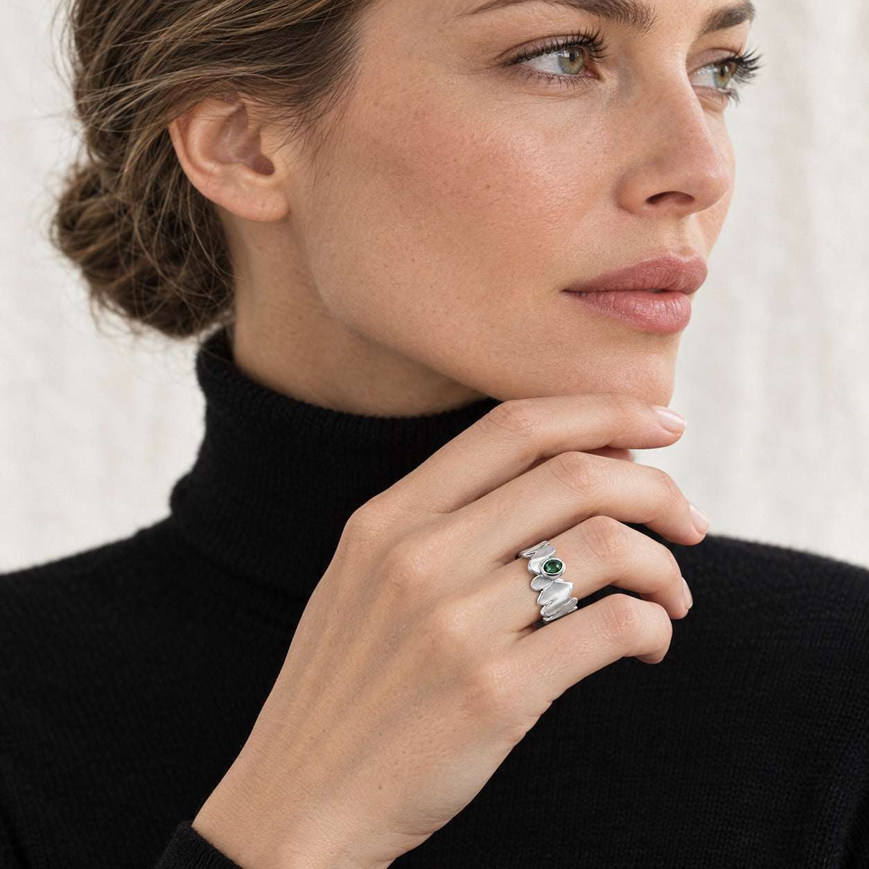 Model wearing the Lesunja Three Of Hearts Silver Ring by Lesunja Fine Jewellery – AI-generated visualisation