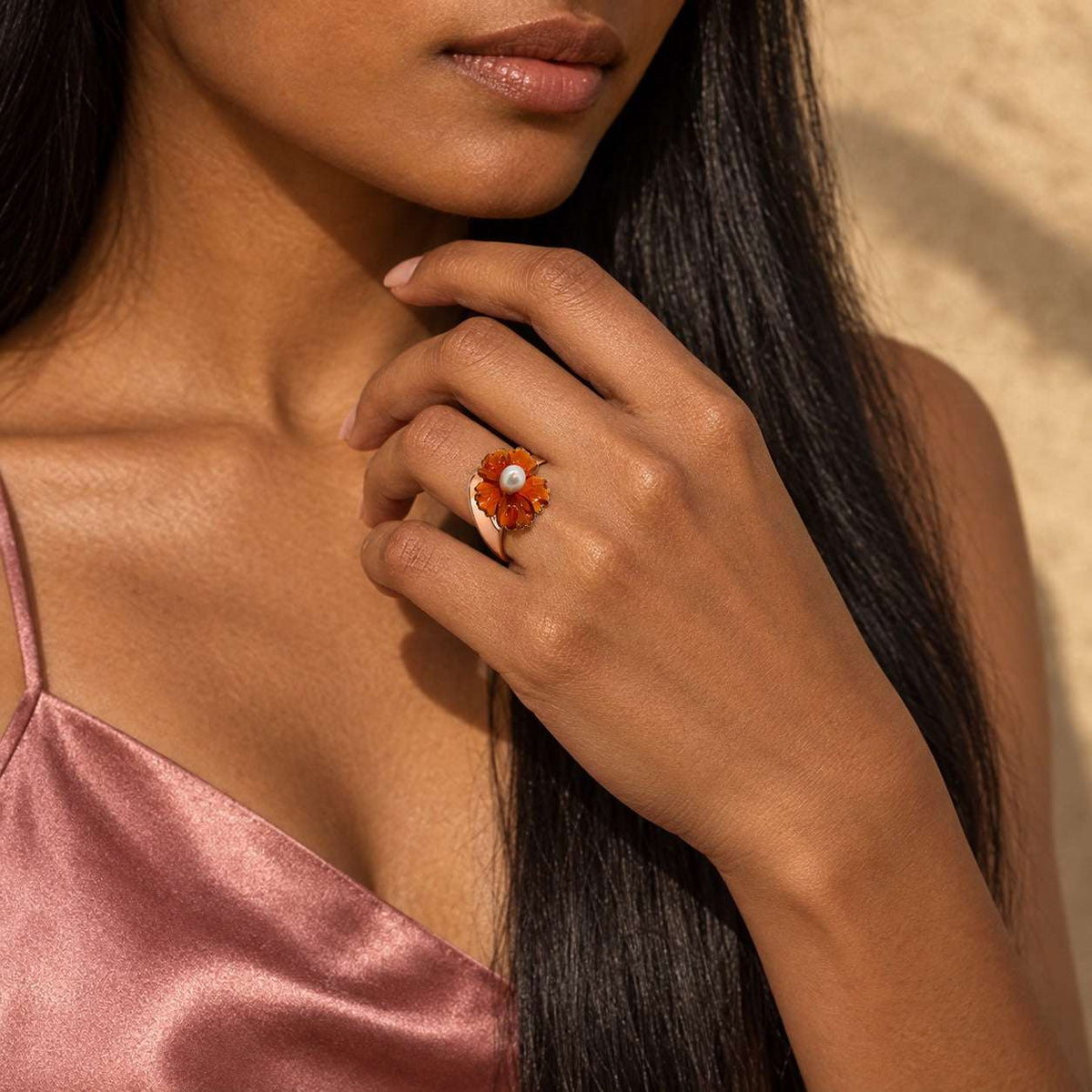 Model wearing the Lesunja Nature`s Delight Flower Rose Gold Ring by Lesunja Fine Jewellery – AI-generated visualisation