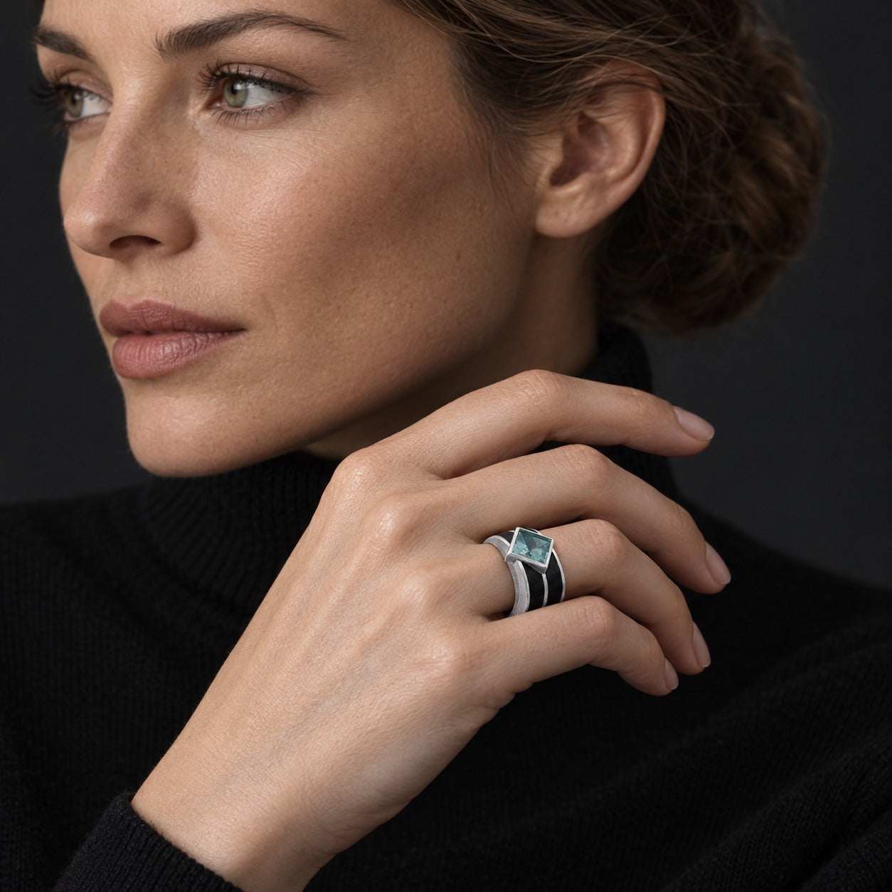 Model wearing the Lesunja Aquamarine Wood Silver Ring by Lesunja Fine Jewellery – AI-generated visualisation