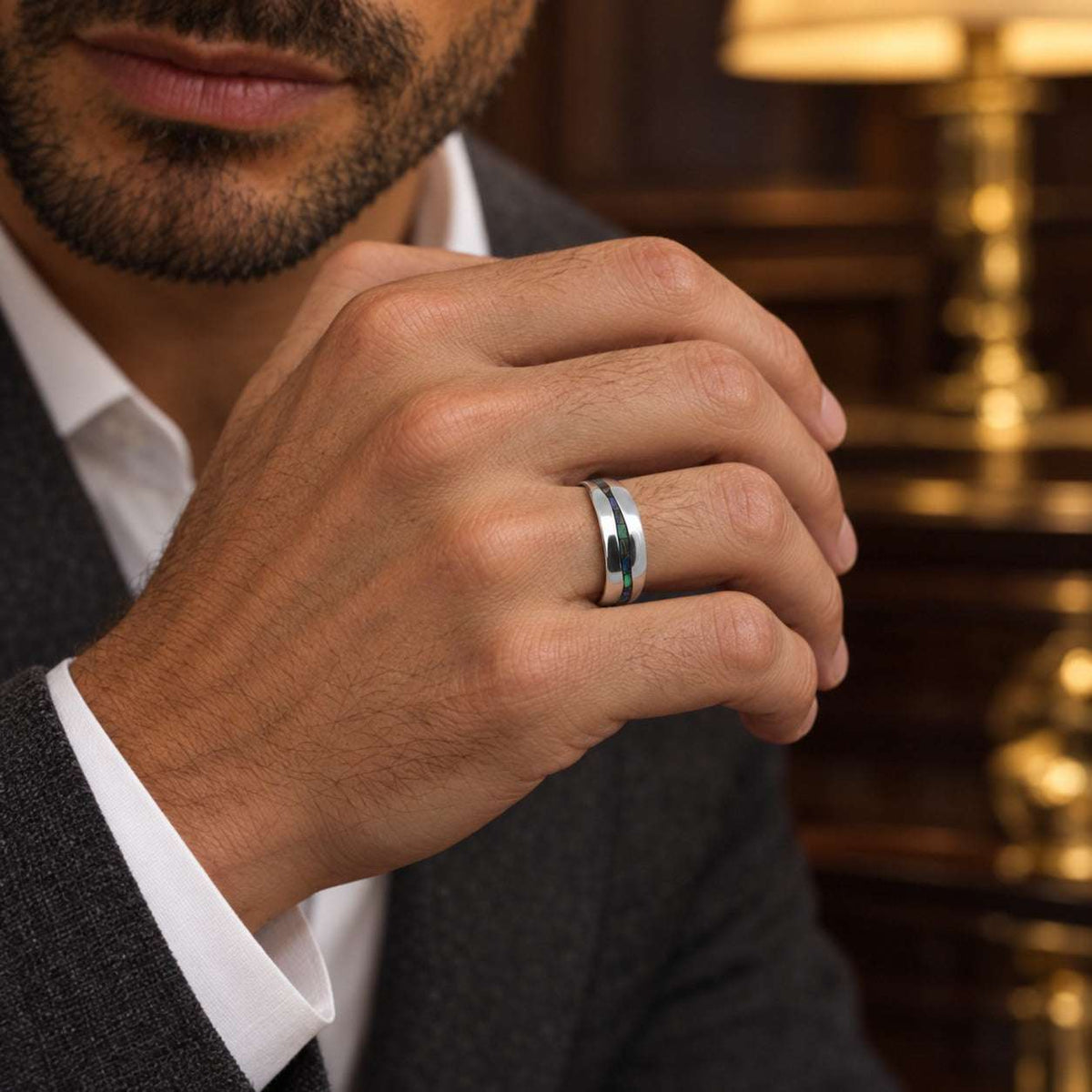 Model wearing the Lesunja silver Mosaic Wedding Ring by Lesunja Fine Jewellery – AI-generated visualisation