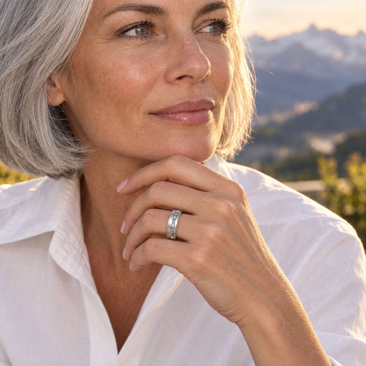 Model wearing the Lesunja Mosaic White Gold Wedding Rings by Lesunja Fine Jewellery – AI-generated visualisation