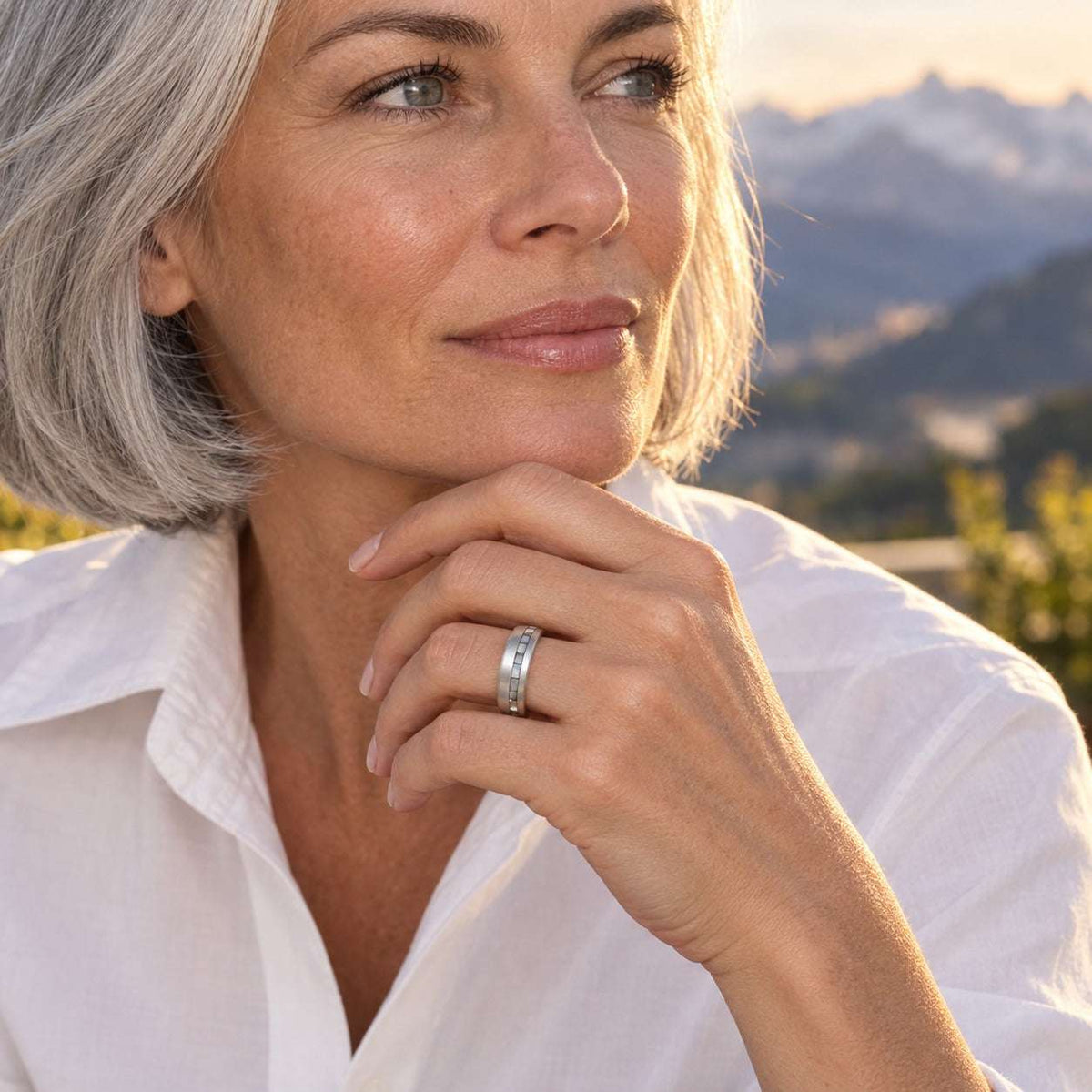 Model wearing the Lesunja Mosaic White Gold Wedding Rings by Lesunja Fine Jewellery – AI-generated visualisation