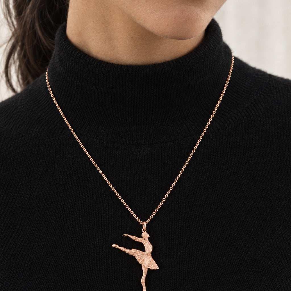 Model wearing the Lesunja Dancing Queen Silver Rose Gold Plated Pendant by Lesunja Fine Jewellery – AI-generated visualisation
