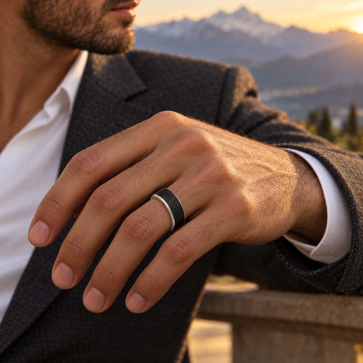 Model wearing the Lesunja Wooden Silver Ring by Lesunja Fine Jewellery – AI-generated visualisation
