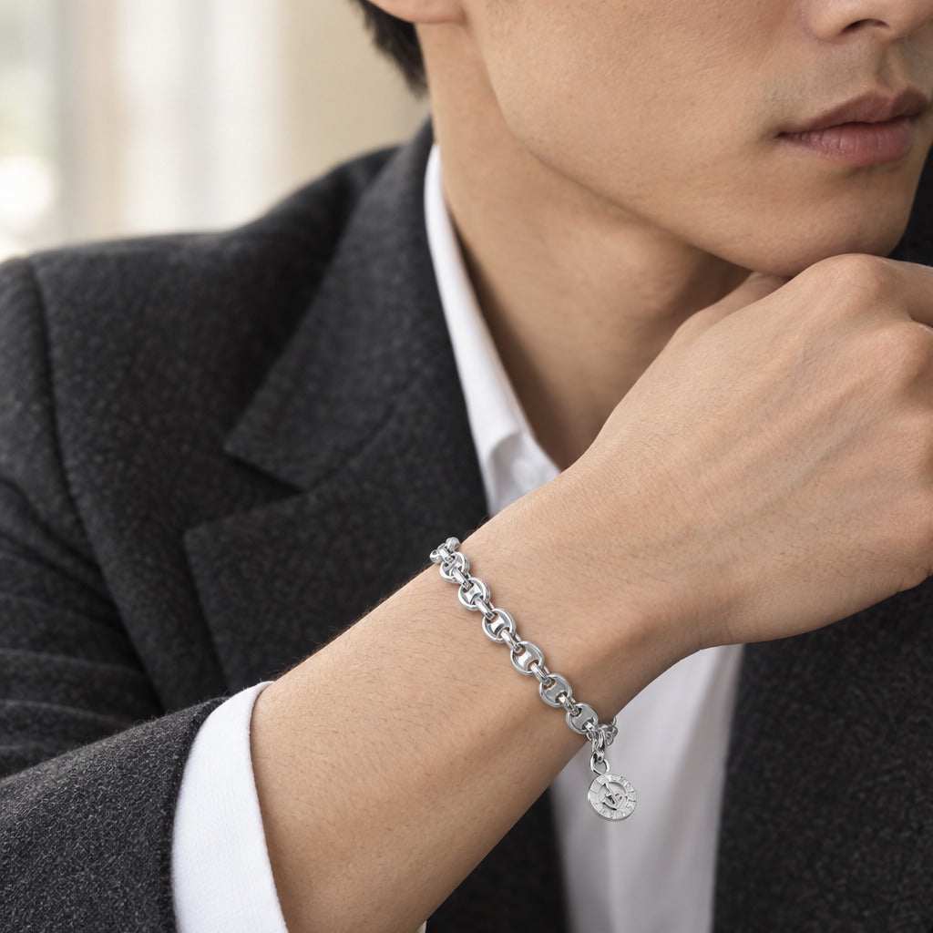 Model wearing the Lesunja Chreis Cheib Silver Bracelet by Lesunja Fine Jewellery – AI-generated visualisation