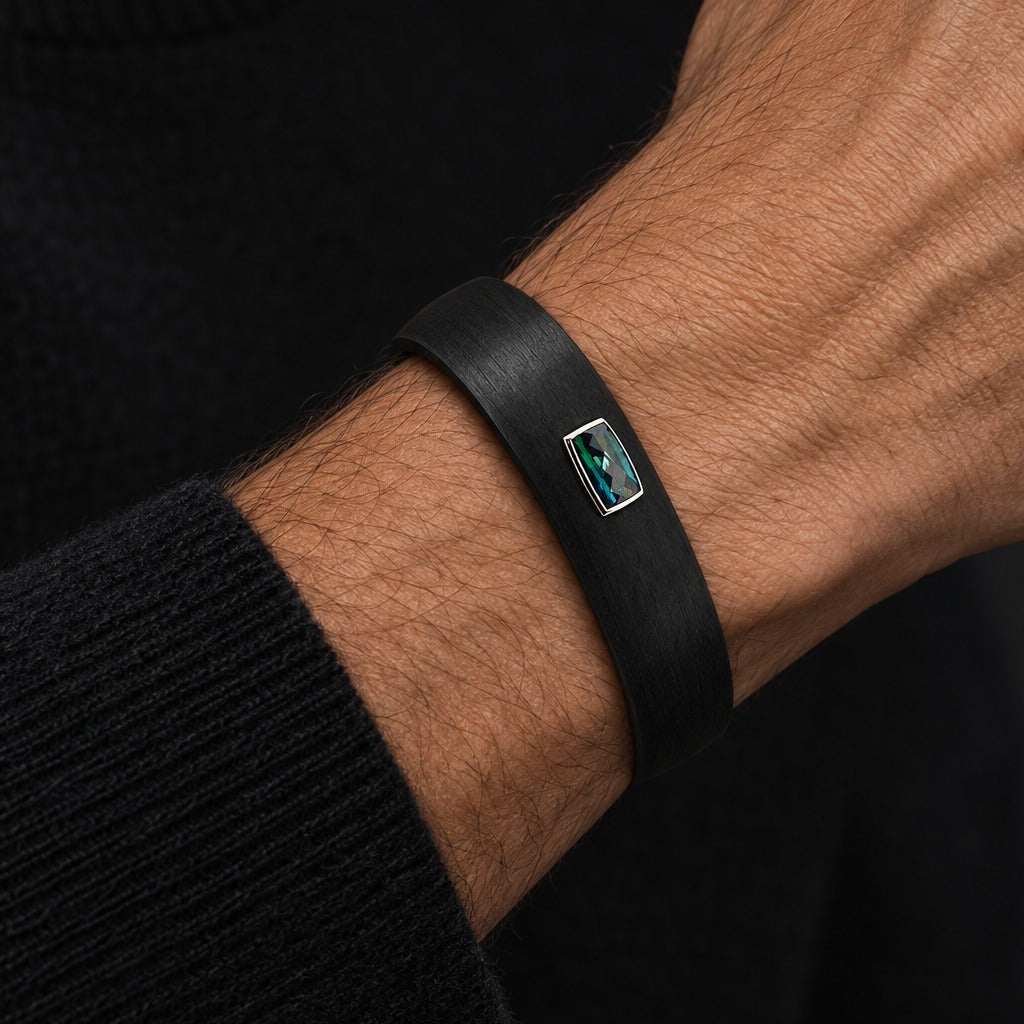 Model wearing the Lesunja Bangle Carbon White Gold Tourmaline by Lesunja Fine Jewellery – AI-generated visualisation