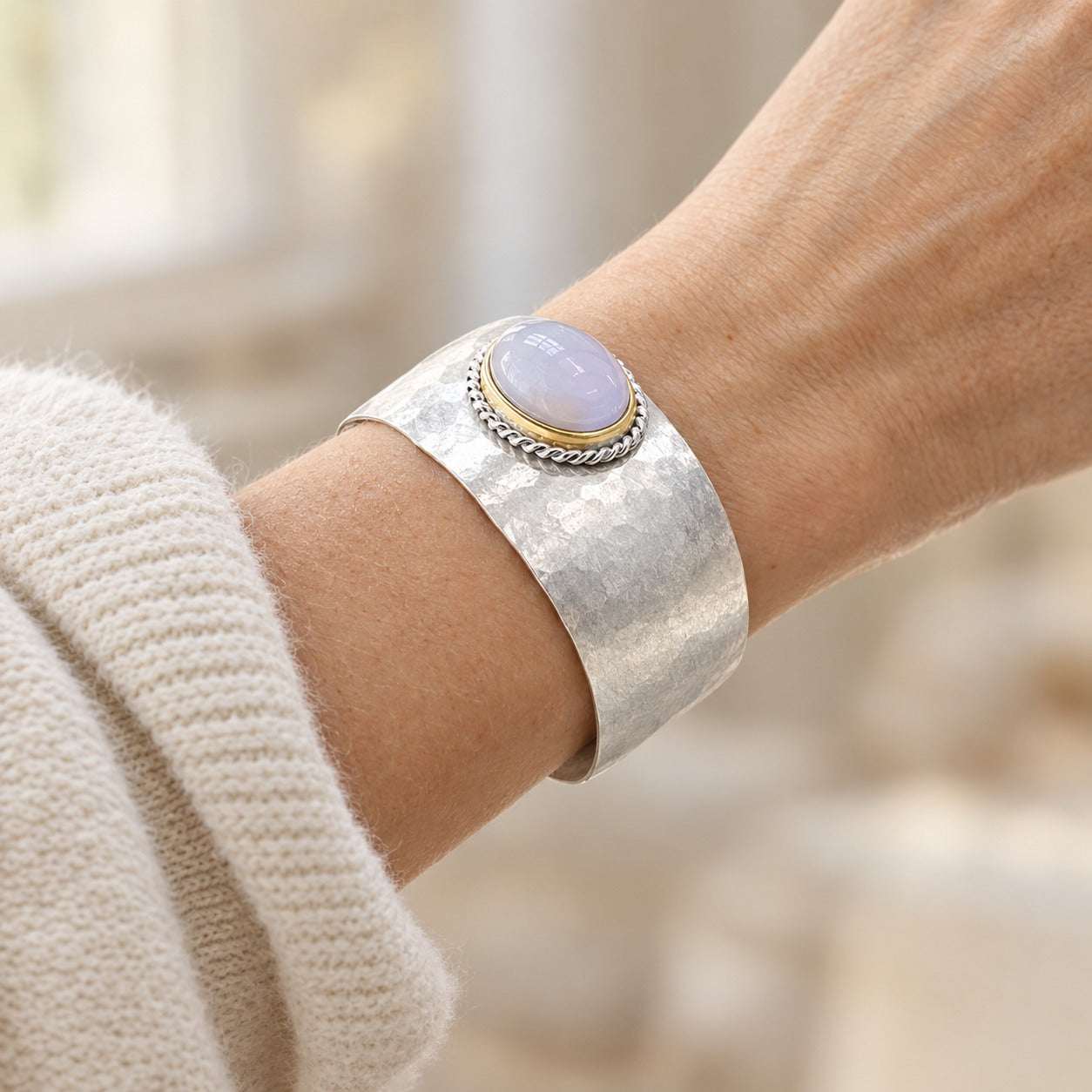 Model wearing the Lesunja Silver Bangle Bracelets by Lesunja Fine Jewellery – AI-generated visualisation