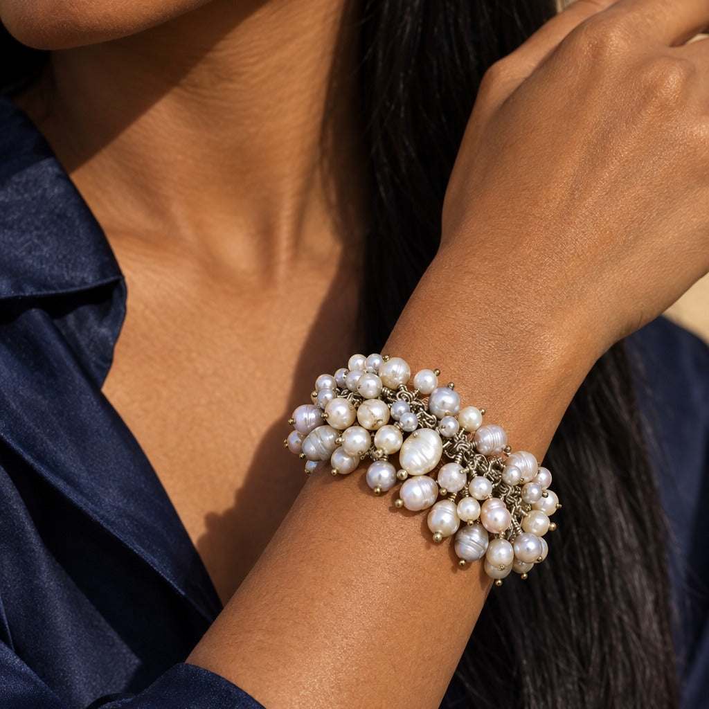 Model wearing the Lesunja Sweet Grapes Pearl Bracelet by Lesunja Fine Jewellery – AI-generated visualisation