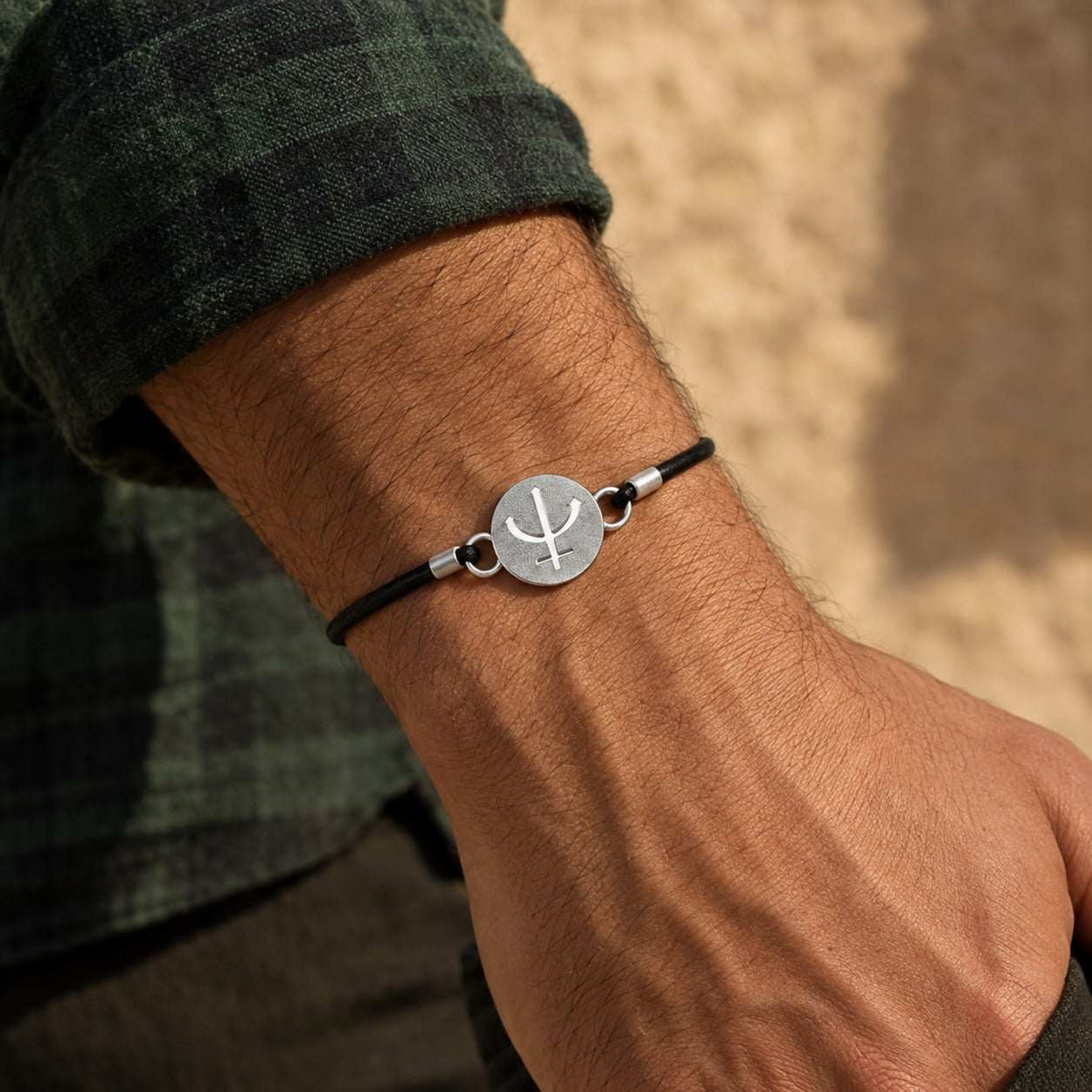 Model wearing the Lesunja Bracelet Leather Silver Charm by Lesunja Fine Jewellery – AI-generated visualisation