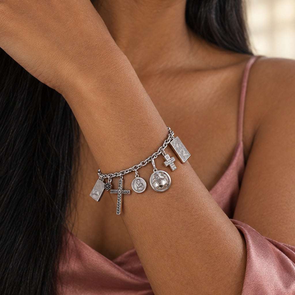 Model wearing the Lesunja Silver Memories Bracelet by Lesunja Fine Jewellery – AI-generated visualisation