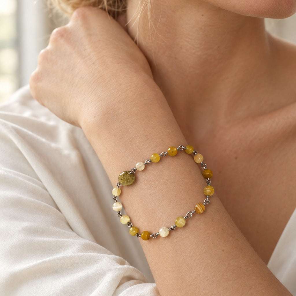 Model wearing the Lesunja Power Stones Bracelet Silver Yellow - Orange Agate by Lesunja Fine Jewellery – AI-generated visualisation