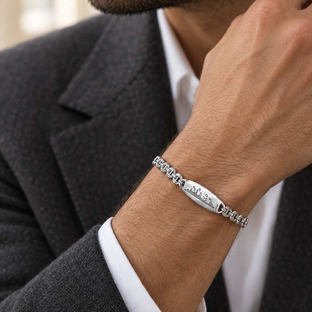 Model wearing the Lesunja Skyline Chicago Sterling Silver Zirconia Bracelet by Lesunja Fine Jewellery – AI-generated visualisation
