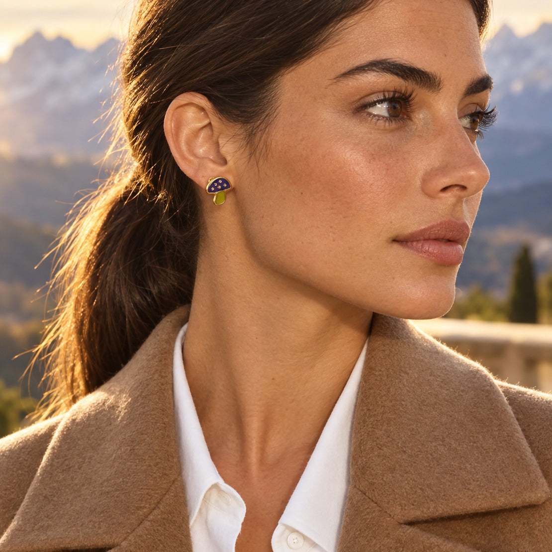Model wearing the Lesunja Kids Mushroom Earrings Gold by Lesunja Fine Jewellery – AI-generated visualisation